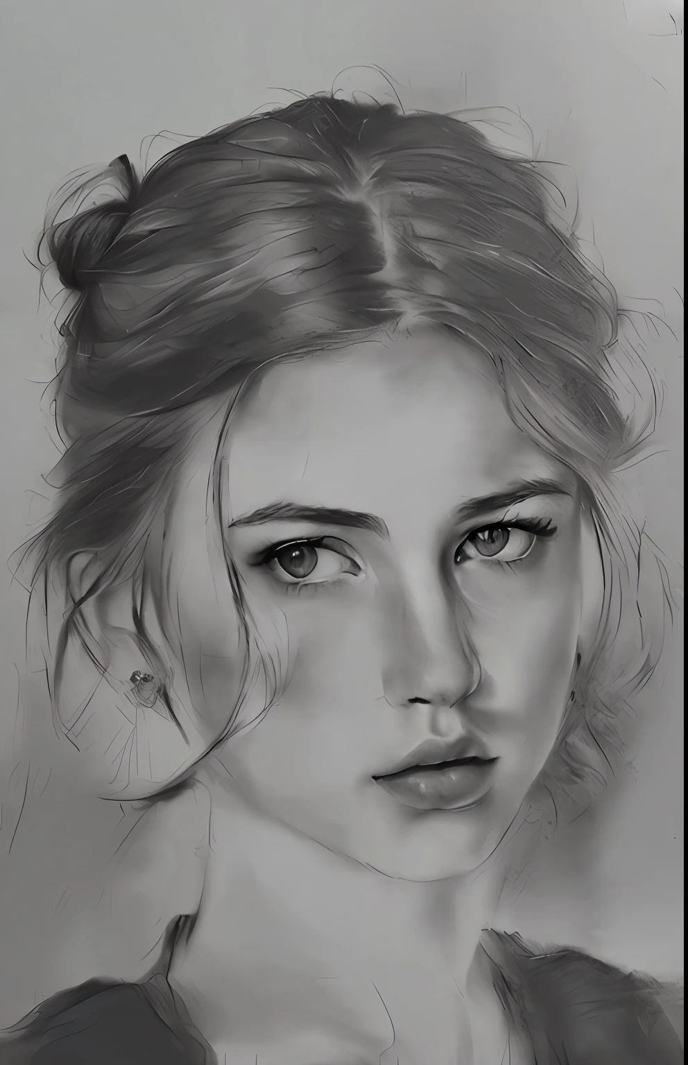 A painting of a woman with messy hair in a bun, realistic sketch, 🤤 girl portrait, realism drawing, Realistic drawing, Pencil sketch, pencil drawing, girl portrait, Realistic graphite, hyperrealistic sketch, portrait girl, highly detailed portrait, detailed beautiful portrait, Portrait drawing, Realistic portrait, pencil drawing, Portrait of a cute girl, Portrait of a beautiful girl