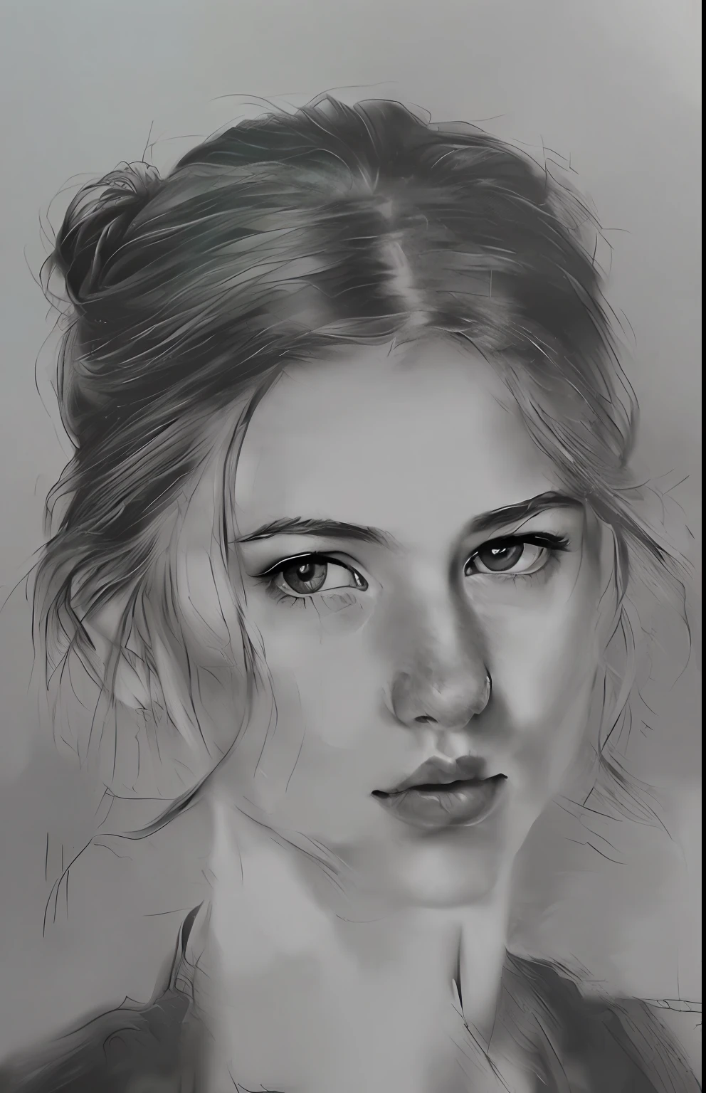 A painting of a woman with messy hair in a bun, realistic sketch, 🤤 girl portrait, realism drawing, Realistic drawing, Pencil sketch, pencil drawing, girl portrait, Realistic graphite, hyperrealistic sketch, portrait girl, highly detailed portrait, detailed beautiful portrait, Portrait drawing, Realistic portrait, pencil drawing, Portrait of a cute girl, Portrait of a beautiful girl