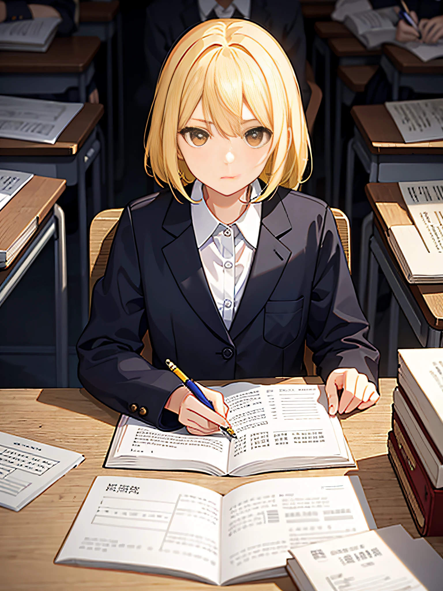 A girl sits in a chair,Yellow hair,with brown eye,Holding a notebook and exam papers,Surrounded by teachers, students and desks,Wear a student uniform,She looked down and read。