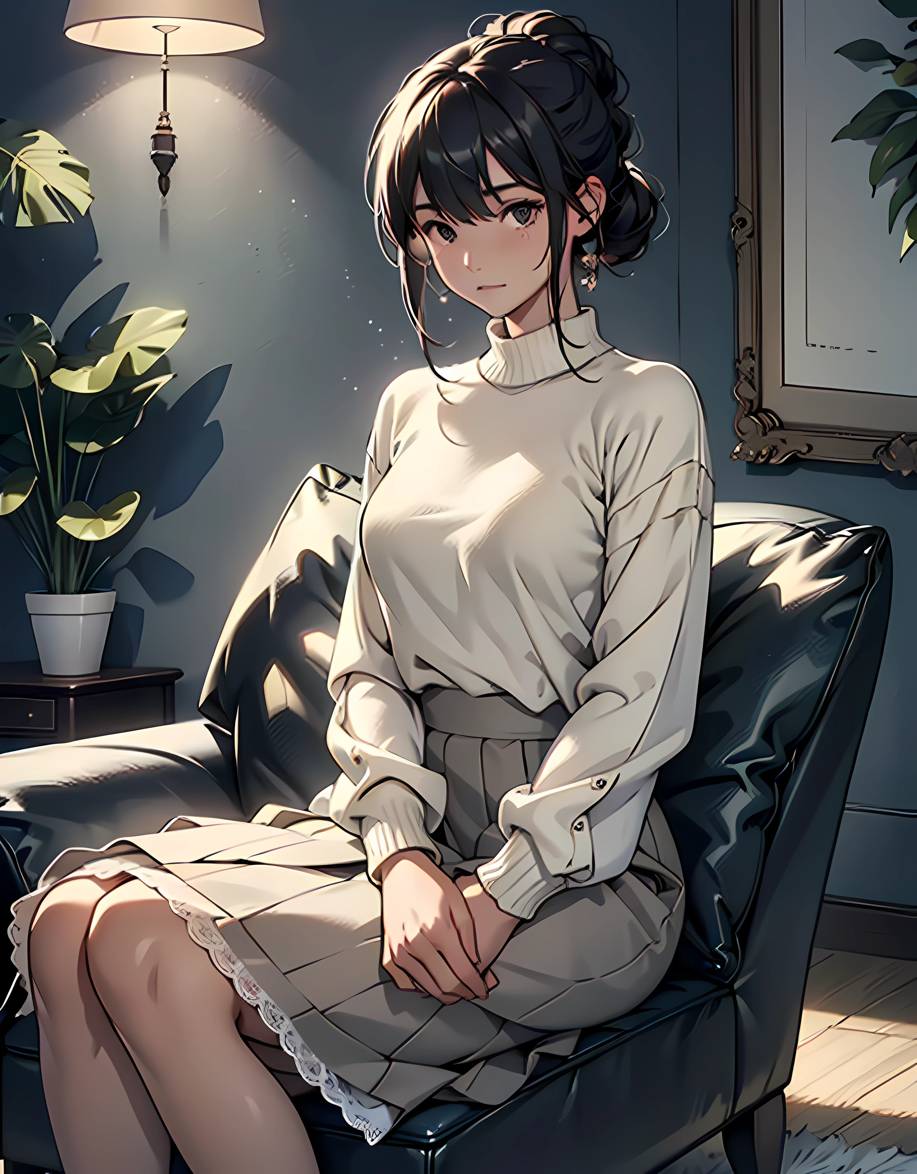 (absurderes、hight resolution、ultra-detailliert)、(the Extremely Detailed CG Unity 8K Wallpapers、Beautifully Aesthetic:1.2)、(1girl in:1.3)、Lady、独奏、The upper part of the body、rcasual、It features a simple、Natural Fabric、Sit up、knit、Lace Long Skirt、white shirt、Brownish、If you have a photo、Hold in hand、Plain clothe、a room、sit on sofa、Mystical lighting、Ethereal Atmosphere、dressed casually, Sweaters, turtle、closed clothes、natural soft light、darker shadows、Living Loo、
