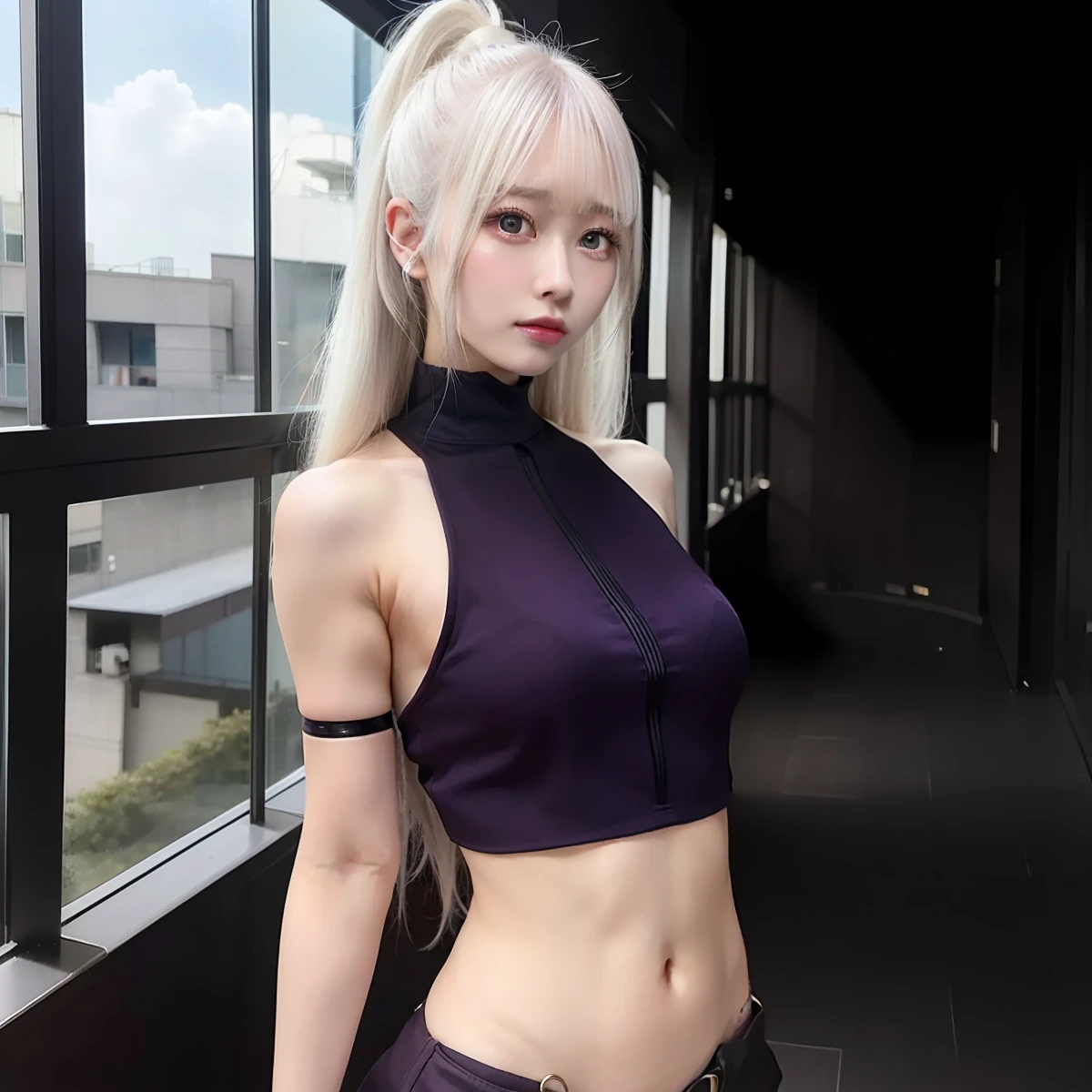 Ino yamanaka. A woman was standing in the balcony. Wearing purple crop top. Her very long, very dark cream-bound hair. And part of her long bangs covered part of her face. His skin was white. Her cheeks were rosy. His eyeballs are sea blue. She looks so beautiful and realistic