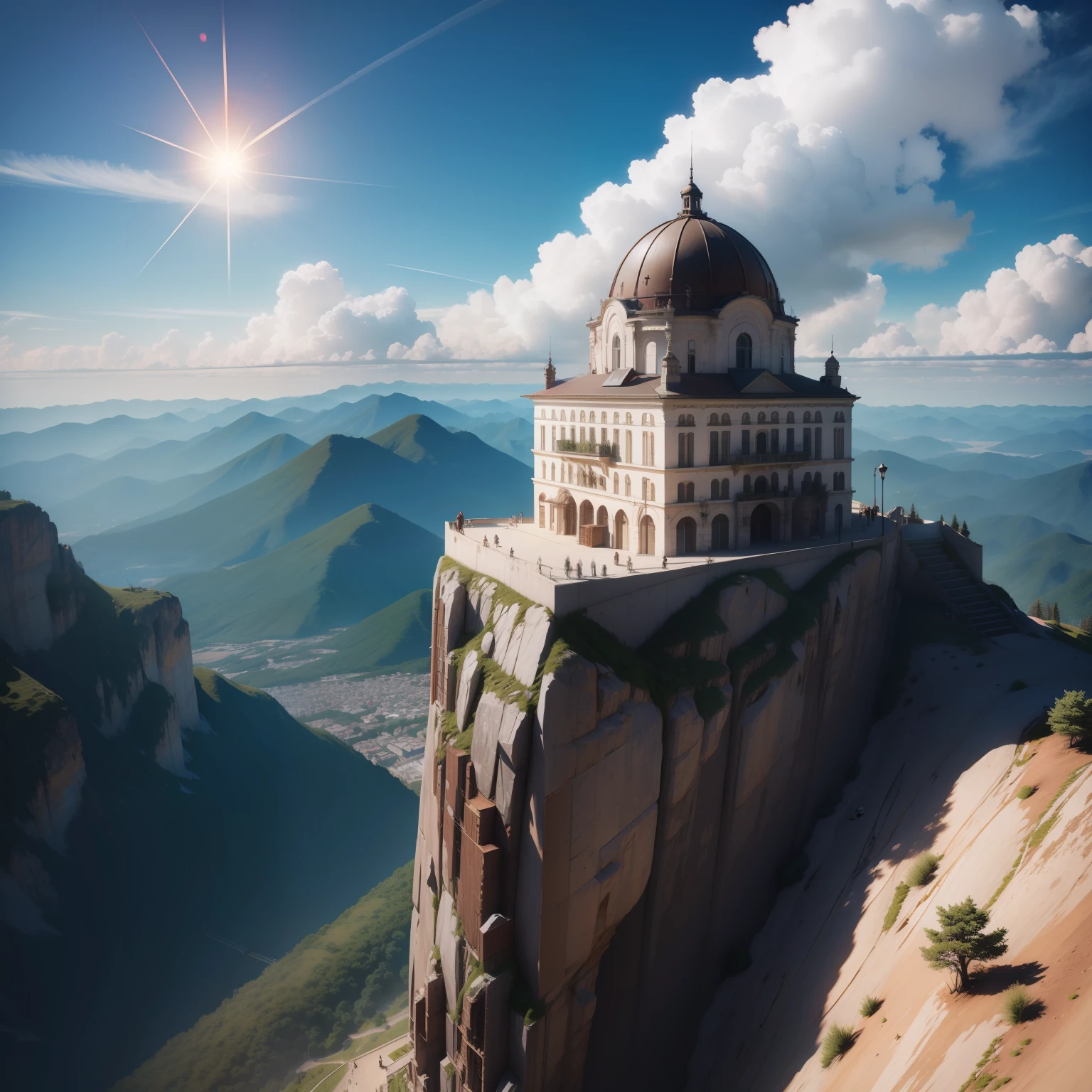 Building on top of a mountain, com o sol ao fundo, 4k
