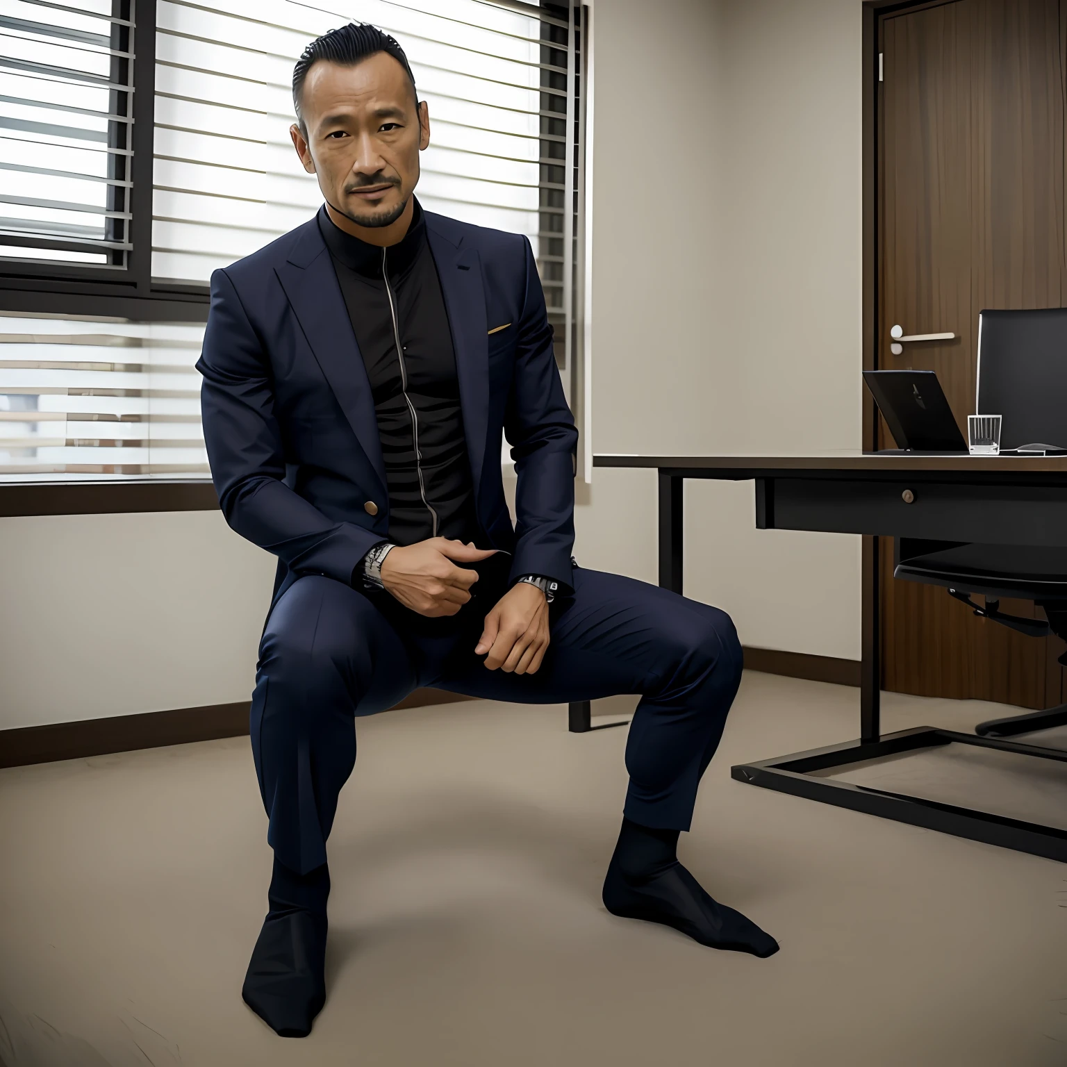 50yearsold，Hidetoshi Nakata，（Demo Mulroni 1.3），Shirtless，Tong，Bulge，office room，black long socks，Thin，musculature，lbeard，fortitude，artwork of a，tmasterpiece，k hd，ssmile，tightsuit，Kneeling，two guys