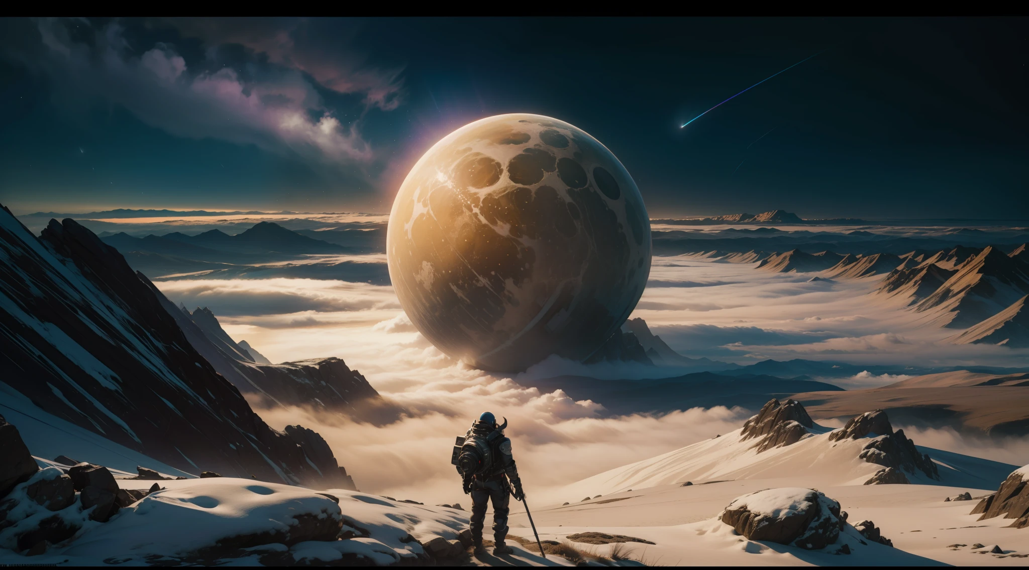 Uma foto de paisagem ampla, pan, (vista de longe, The sky is above and the open field is below), in the distance a large futuristic city on Mars, cidade cyberpunk, Spaceships fly over the city, (lua cheia: 1,2), dim sky, noite escura estrelada, (meteoro: 0,9), (nebulosa: 1,3 ), montanhas distantes , dunas de areia, (Luz Quente: 1.2), (estrelas: 1.2), Luzes, Muito Roxo e Laranja, Detalhes Intrincados, volumetric lighting BREAK (Obra-prima: 1.2), (Melhor Qualidade), (papel de parede 8k extremamente detalhado), foto realismo, octane render, NVIDIA ray tracing, 4k, Ultra Detalhado, (dynamic compositing: 1.4), Rico em Detalhes e Cor, (rainbow color: 1.2), (Brilho, Atmospheric Illumination), Sonhador, magica.