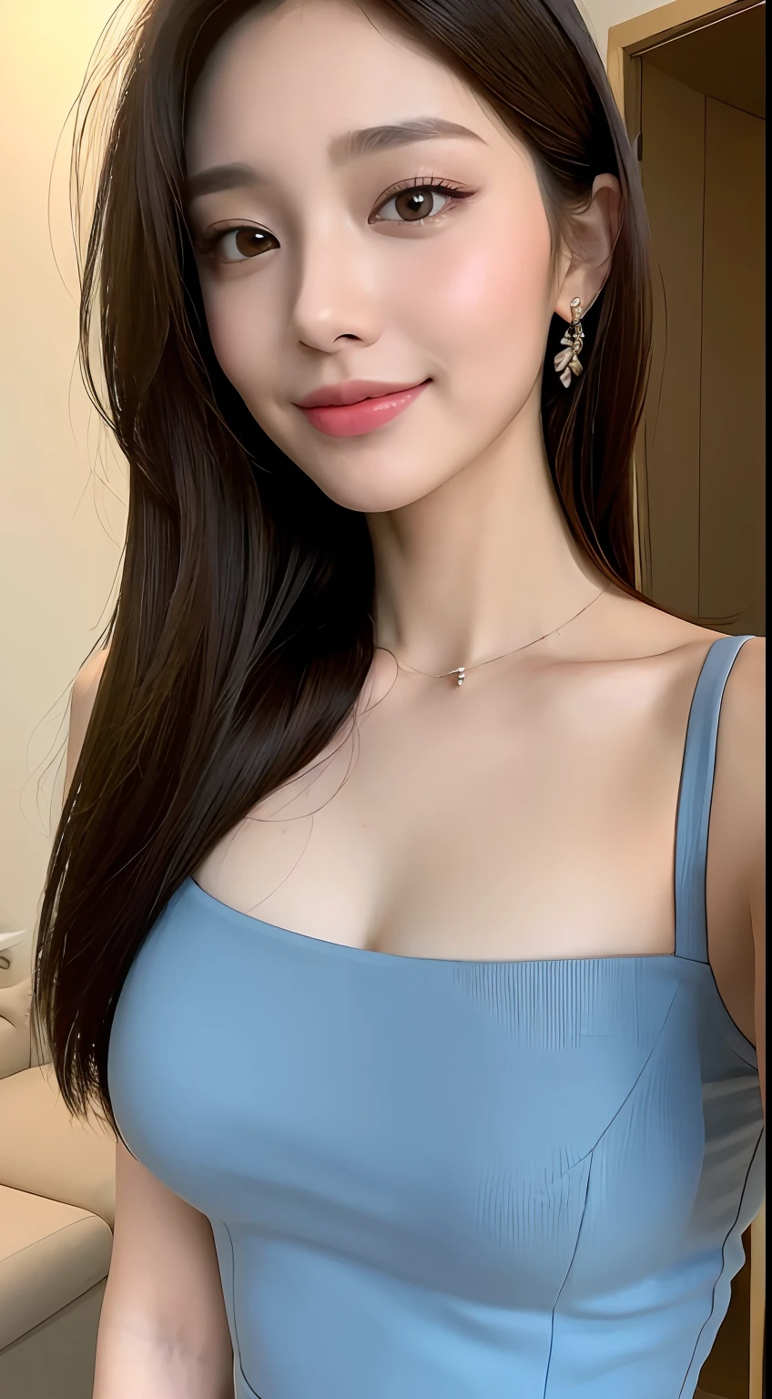 ((Best Quality, 8K, Masterpiece: 1.3)), 1girl, Slim Abs Beauty: 1.3, (Hairstyle Casual, Big Breasts: 1.2), Dress: 1.1, Super Fine Face, Delicate Eyes, Double Eyelids, Smile, Home