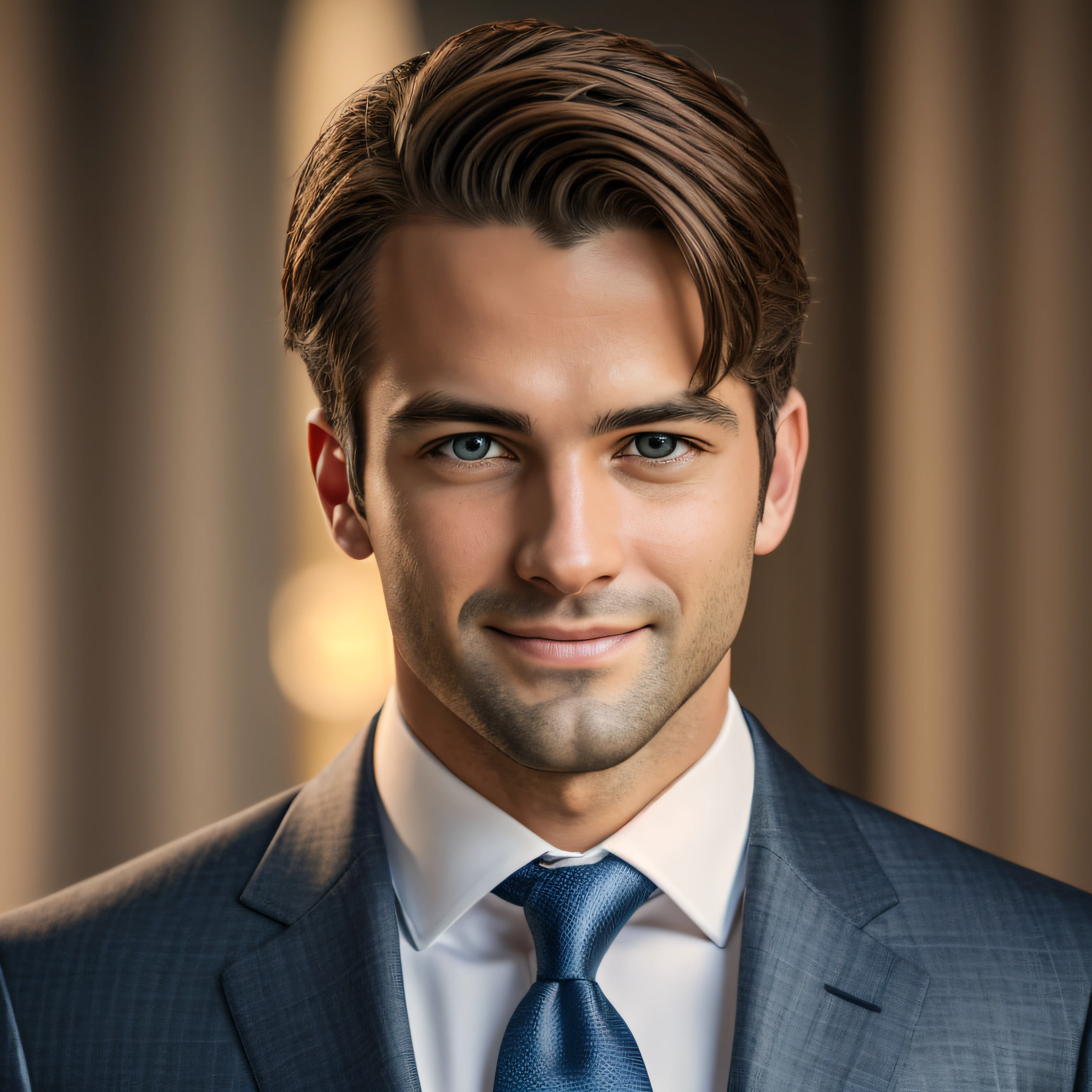 a Man standing with 40 years in suit and tie, body and head straight in the photo, facing the viewer of the photo, eyes fixed to the lens, appears shoulders and head in the photo, man smiling, man centered in the photo, 8k, best quality, masterpiece, realistic, realistic photo, movie photo, ultra realistic, 1 person, detailed, perfect lighting, DSRL, professional photo, 4k --auto --s2