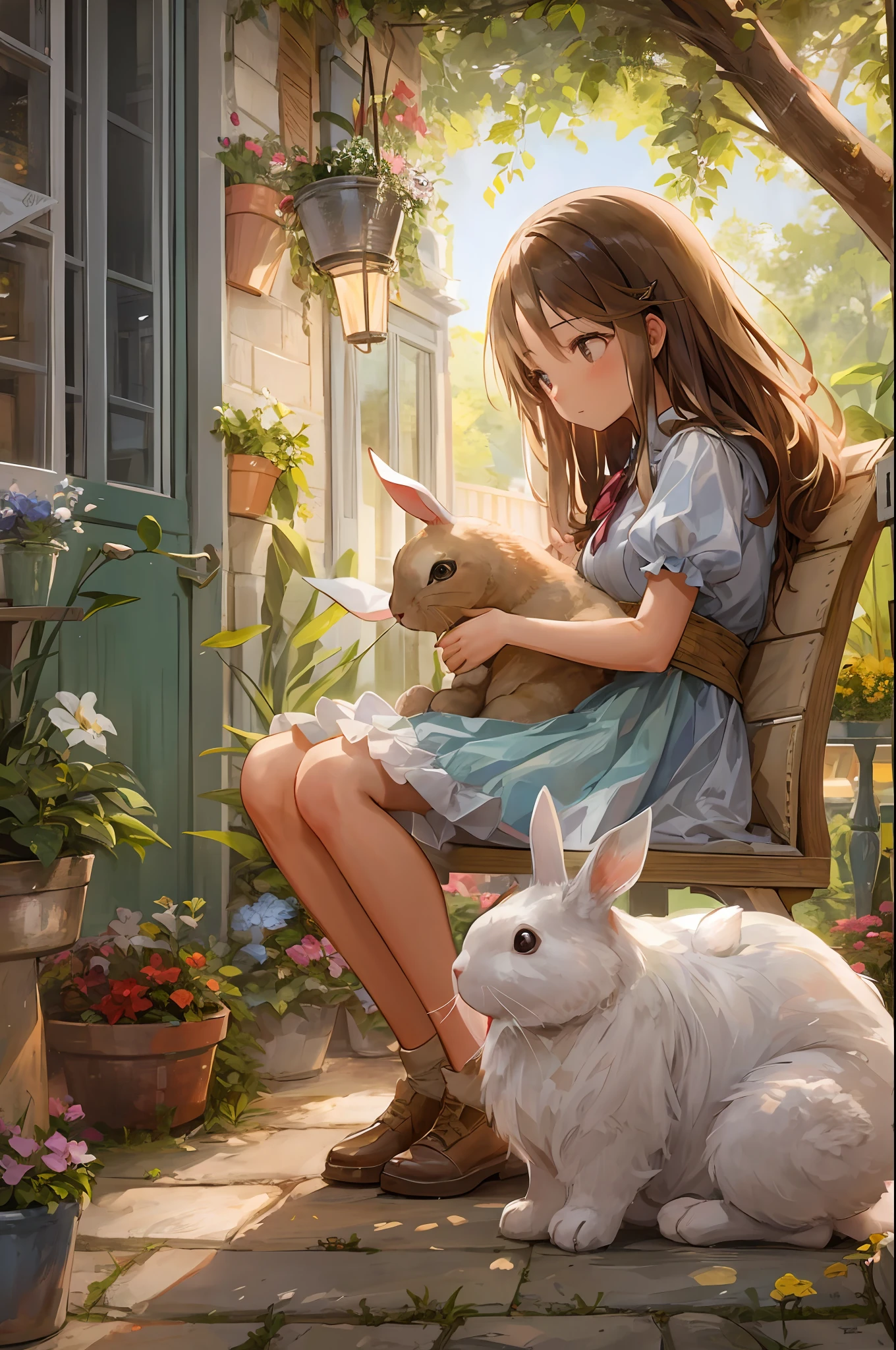 "A heartwarming scene of a girl affectionately bonding with her beloved pet bunny in a charming and inviting patio setting."