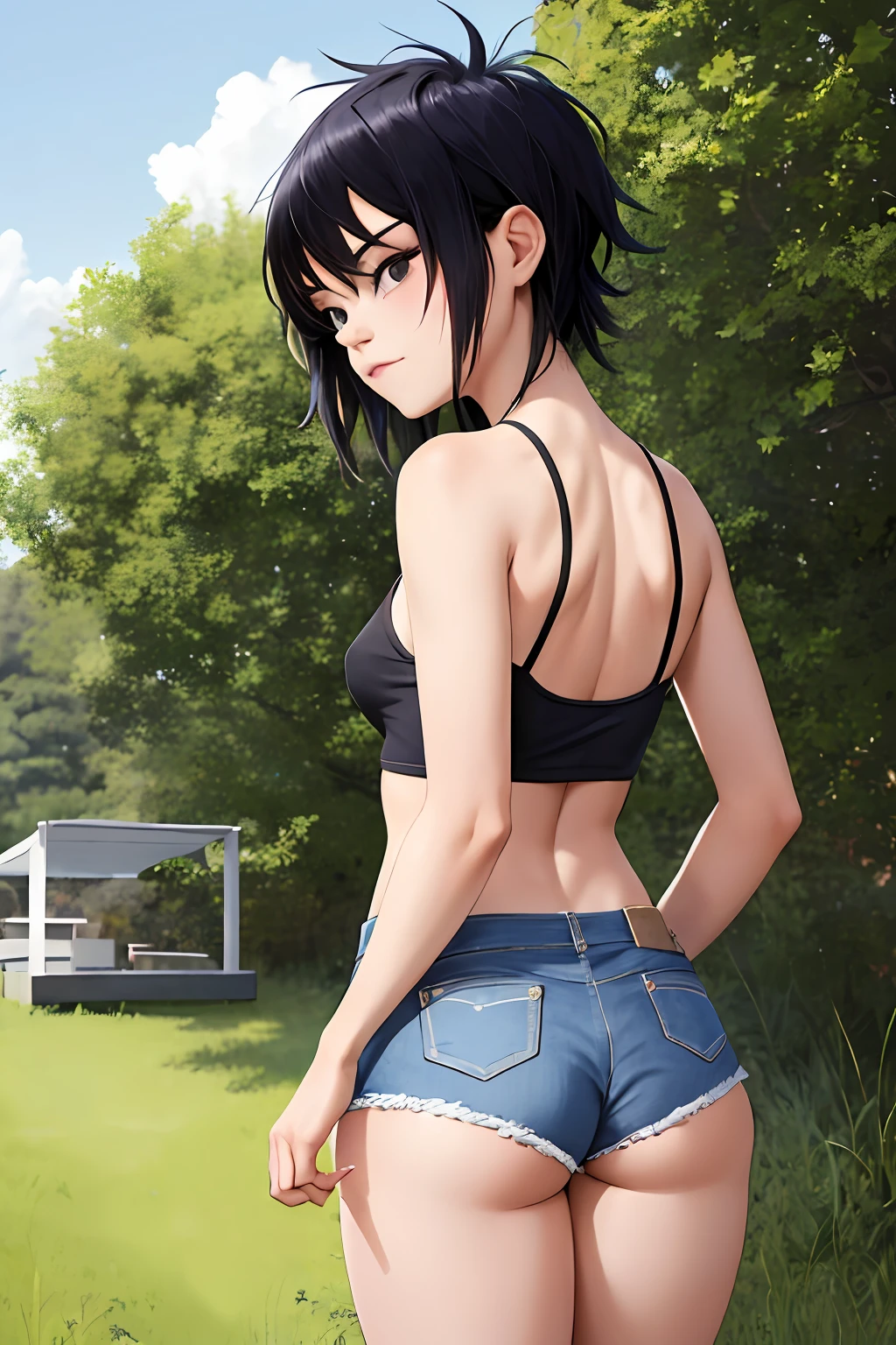 (masterpiece, best quality:1.2), noodle (gorillaz), black hair, short hair, streaked hair, black eyes, multicolored hair, looking at viewer, bangs, heavy bangs, bangs covering eyes , parted lips, breasts, small breasts, bob cut, sparkle, glint, blush, 1girl,detailed clothes, detailed nipples, two toned striped sweatshirt, denim mini shorts, boots, thin Japanese girl, beautiful, (masterpiece:1.2), (best quality:1.2), perfect eyes, perfect face, perfect lighting, 1girl, ass, back, backboob, crop top, cutoffs, denim, denim shorts, facing away, from behind, highleg, highleg panties, micro shorts, panties, short shorts, shorts, sideboob, simple background, solo, tank top, thighs, thong, underboob, underwear, field, grass, walkway, small ass, wide hips, arms at side, 18 year old