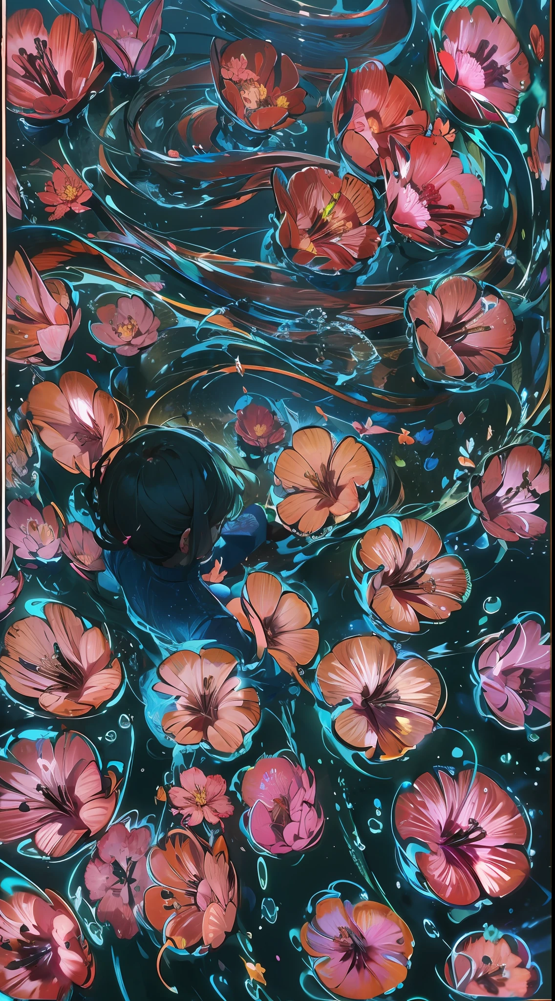 hibiscus Moon with water drops,neon glow, random background, sun rise, bokha mood