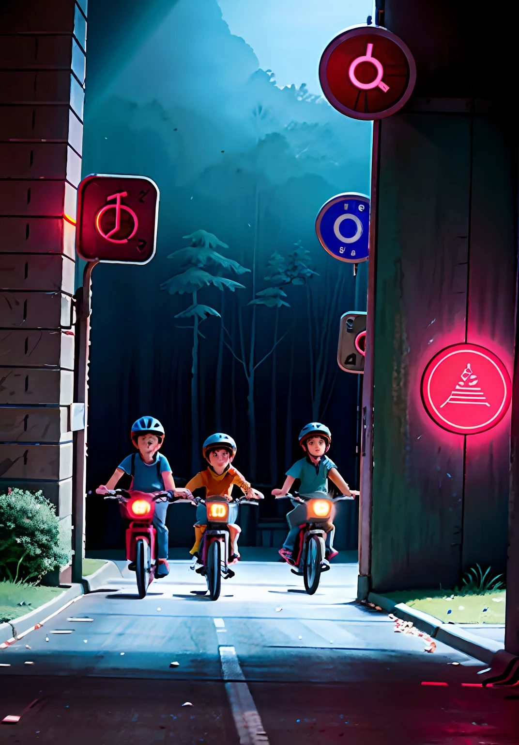 "Group of 5  riding their bicycles in a nostalgic 80s setting, surrounded by an intriguing and mysterious atmosphere reminiscent of 'Stranger Things'."