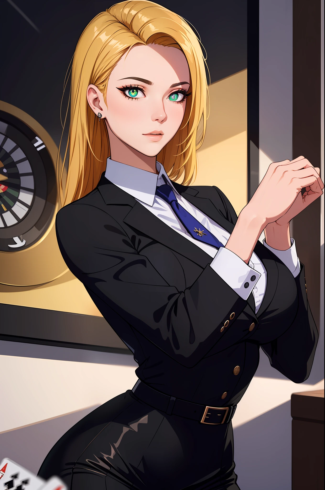 (masterpiece, highres, best quality:1.2), 8K, highly detailed, intricate, colorful, vibrant image, sharp focus, cinematic)  blonde hair, long hair, green eyes, body builder (Wearing black business outfit, black_collared shirt cropped jacket ,tie,necktie,black frilled skirt, garter straps, leather waist belt) (big perfect round breasts,hourglass body, thin waist,very thin waist, Photo realistic,(hyperrealistic:1)beautiful, masterpiece, best quality, extremely detailed face,perfect face,beautiful face, perfect lighting,detailed eye makeup, detail face, nice detailed eyes,nice hands, perfect hands,glowing eyes (realistic pupils,realistic iris:1) heavy eye makeup,(empty Casino)(Posing dynamically)