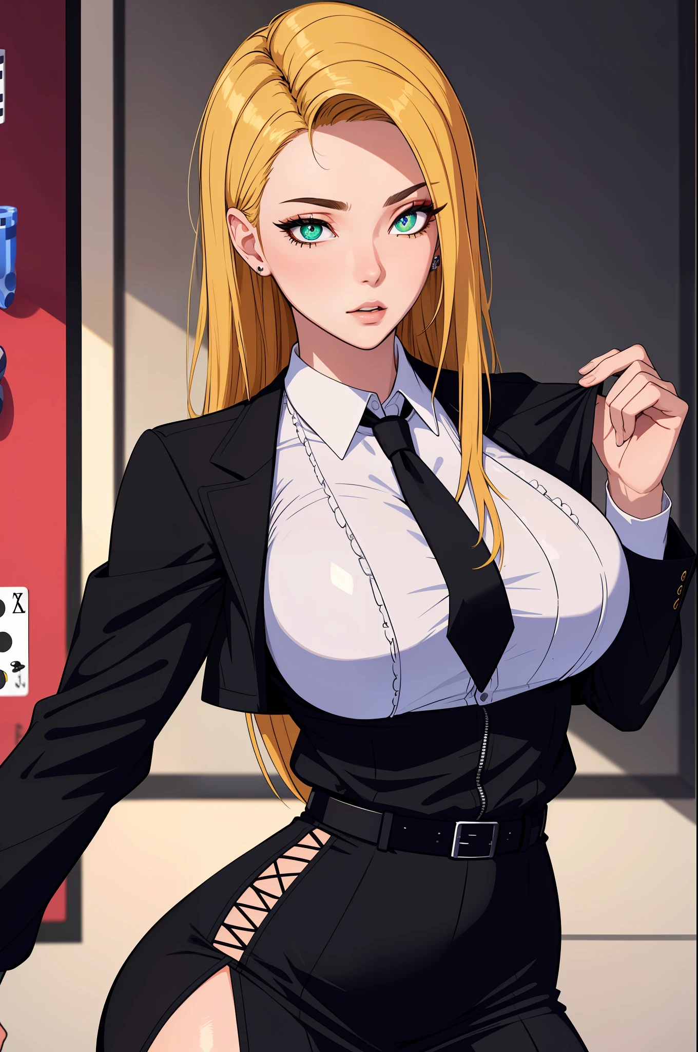 (masterpiece, highres, best quality:1.2), 8K, highly detailed, intricate, colorful, vibrant image, sharp focus, cinematic)  blonde hair, long hair, green eyes, body builder (Wearing black business outfit, black_collared shirt cropped jacket ,tie,necktie,black frilled skirt, garter straps, leather waist belt) (big perfect round breasts,hourglass body, thin waist,very thin waist, Photo realistic,(hyperrealistic:1)beautiful, masterpiece, best quality, extremely detailed face,perfect face,beautiful face, perfect lighting,detailed eye makeup, detail face, nice detailed eyes,nice hands, perfect hands,glowing eyes (realistic pupils,realistic iris:1) heavy eye makeup,(empty Casino)(Posing dynamically)