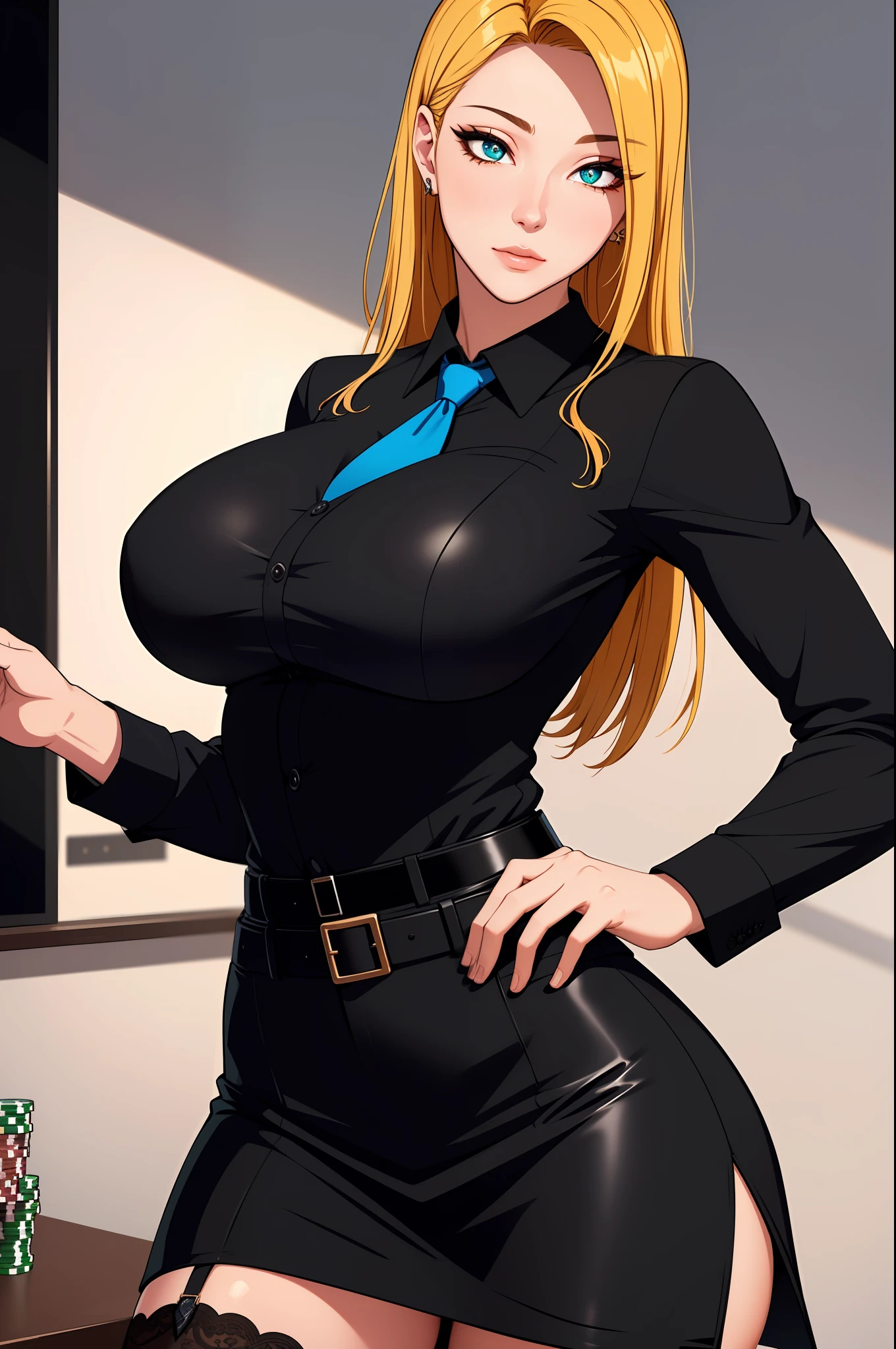 (masterpiece, highres, best quality:1.2), 8K, highly detailed, intricate, colorful, vibrant image, sharp focus, cinematic) blonde hair, long hair, green eyes, body builder (Wearing black business outfit, black_collared shirt cropped jacket ,tie,necktie,black frilled skirt, garter straps, leather waist belt) (big perfect round breasts,hourglass body, thin waist,very thin waist, Photo realistic,(hyperrealistic:1)beautiful, masterpiece, best quality, extremely detailed face,perfect face,beautiful face, perfect lighting,detailed eye makeup, detail face, nice detailed eyes,nice hands, perfect hands,glowing eyes (realistic pupils,realistic iris:1) heavy eye makeup,(empty Casino)(Posing dynamically)