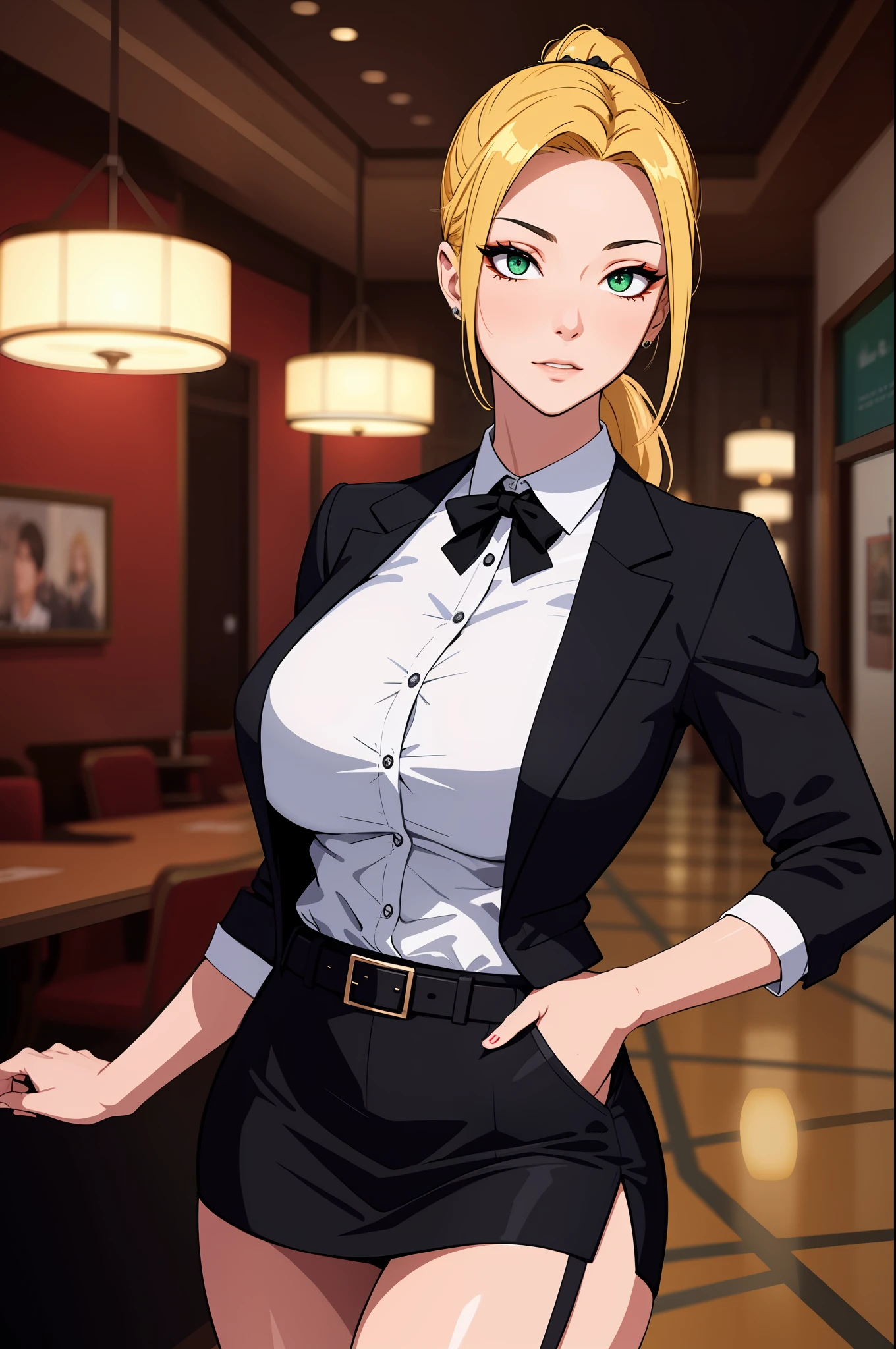 (tmasterpiece,A high resolution,best qualtiy:1.2),8K,highly detailed,复杂,rich colourful,vibrant image,Clear focus,cinematic ligh) blond hairbl,long whitr hair,Green eyes,body builder (Wear black business attire,black_Collared shirt cropped jacket,tiese,tiese,Black frilled skirt,a garter belt,Leather belt) (Large, Perfect round breasts,Hourglass body,Big breasts Thin waist,Very thin waist, photograph realistic,(hyper realisitc:1)big breasts beautiful, tmasterpiece,Best quality at best,extremelydetailedface,s the perfect face,beauitful face,Perfect lighting,Detailed eye makeup,Details of the face,Nice detail eyes,pretty hand,perfect hand,glowing light eyes(realistic pupil,Realistic iris:1)Heavy eye makeup,(empty Casino)(Posing dynamically)High ponytail