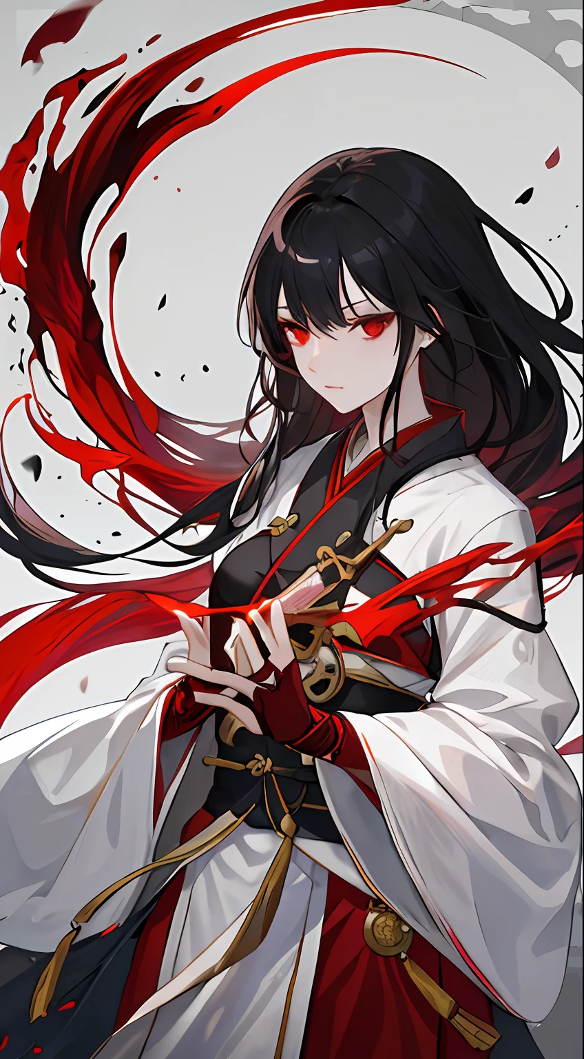 a close up of a woman with a sword in a hanfu, a character portrait by Yang J, black hair, red eyes, very long hair, trending on cgsociety, fantasy art, beautiful character painting, artwork in the style of guweiz, guweiz, black red white green hanfu, flowing white robes, full body wuxia, epic exquisite character art, stunning character art, beautiful female assassin