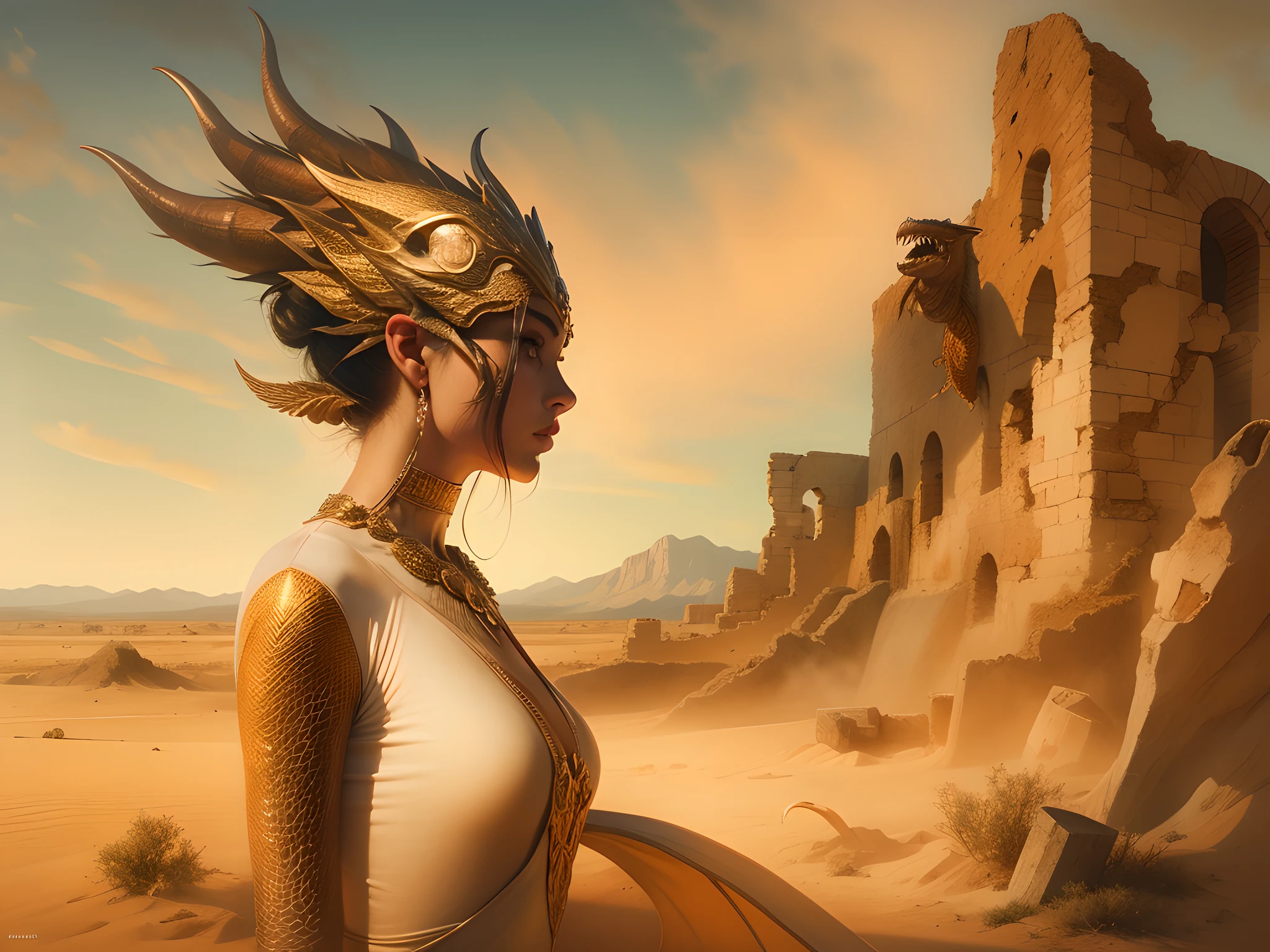 A woman with a dragon's head.Amidst the ancient ruins of a lost civilization, Se desarrolla una escena fascinante: A woman with a dragon's head stands tall, rugiendo con intensidad. Harsh sunlight bathes the desert landscape in warm tones, casting dramatic shadows around the imposing figure. The woman's dragon head exudes a powerful aura, y sus ojos son feroces pero cautivadores. Salvador Dalí's surrealist touch brings a dreamlike quality to the painting, Enhancing the overall mystique. The medium used is oil on canvas, with the artist skillfully mixing earthy colors and golden accents to add depth and richness to the artwork, resulting in high definition, Obra maestra 4K.