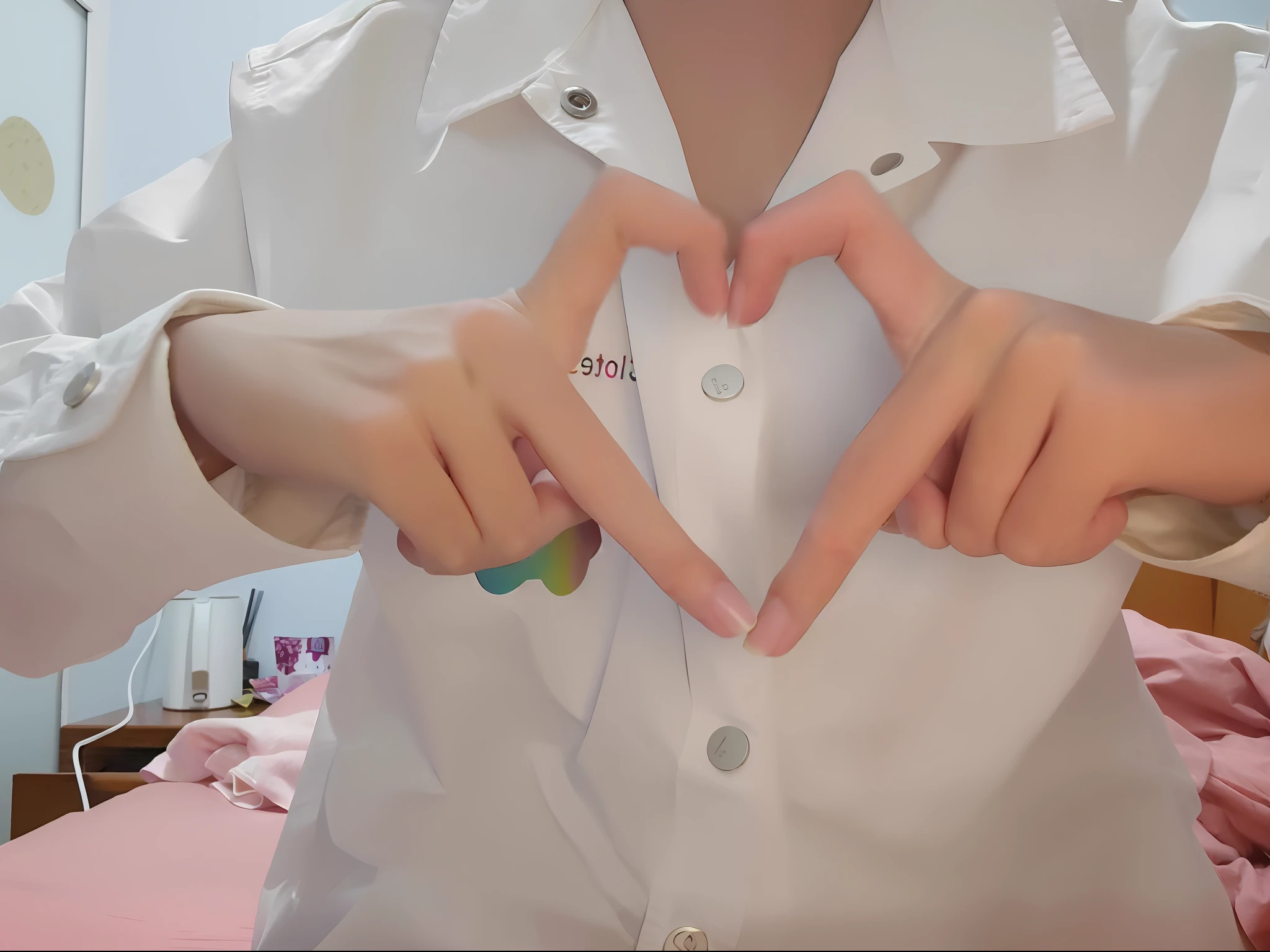 Someone makes a heart with their fingers, with index finger, uwu, wearing  shirt, ulzzangs, With fingers, wearing a white button up shirt, holding a 🛡 and an 🪓, in a white shirt, sakimichan, [ Realistic photo ]!!, 1 as february), coloured photo, 2 0 2 2 photo