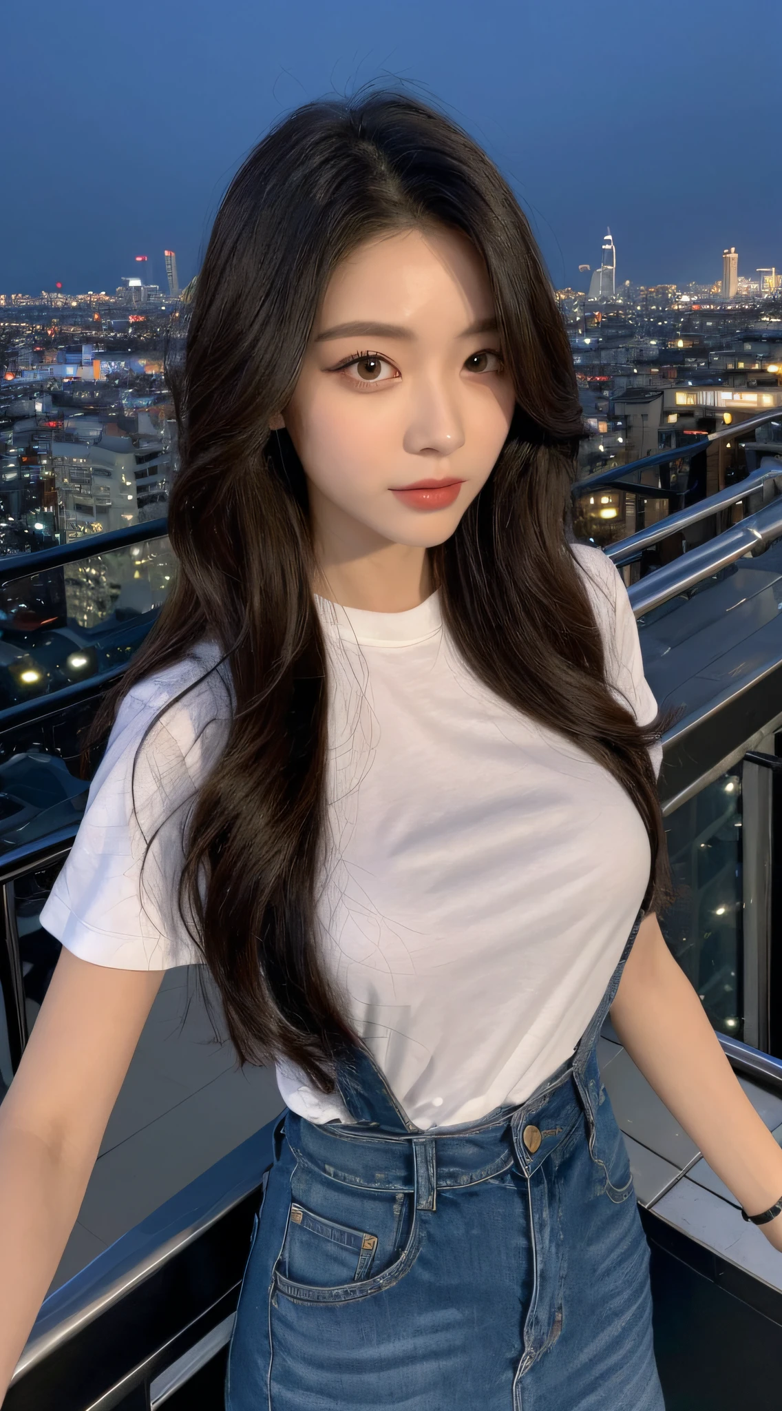 ((Midnight, Best quality, 8k, Masterpiece :1.3)), Whole body, Long legs, Sharp focus :1.2, A pretty woman with perfect figure :1.4, Slender abs :1.1, ((Dark brown hair, Big breasts :1.2)), (White tight tshirt, Jean bib, Standing:1.2), ((Night city view, Rooftop:1.3)), Highly detailed face and skin texture, Detailed eyes, Double eyelid