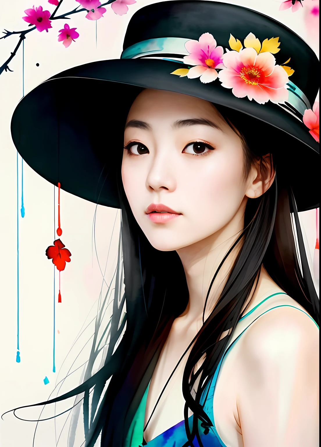 a painting by mse, Agnes Cecile《A Chinese woman》,(Cute face),(black hat), (flowers), Luminous design,pastelcolor,the watercolor style,Splash ink,Ink drops,Autumn lights