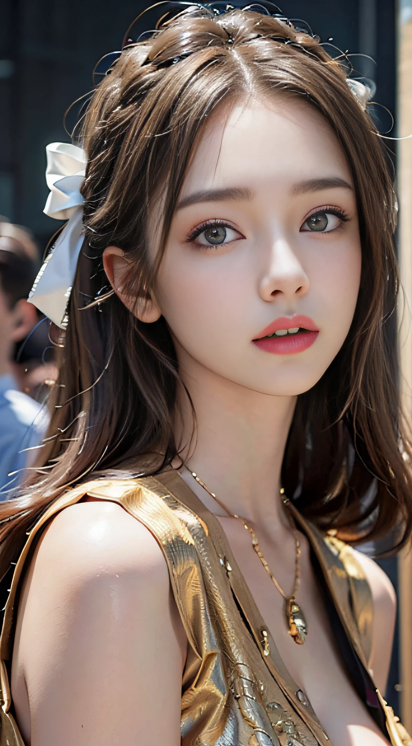 (masterpiece:1.3), (8k, photorealistic, RAW photo, best quality: 1.4), (1girl), beautiful face, (realistic face), Nice hairstyle,photorealistic eye,Nice detail eyes,(Realistic skin),Beautiful skins,enticing,超高分辨率,Ultra photo realsisim,The is very detailed,full-body portraits,Alvine,Vest line,Look to the lens,Need,tmasterpiece,whaite hair,Golden eyes,Manteau blanc,Look up,The upper part of the body,Hairline,Fair skin,SideBraid