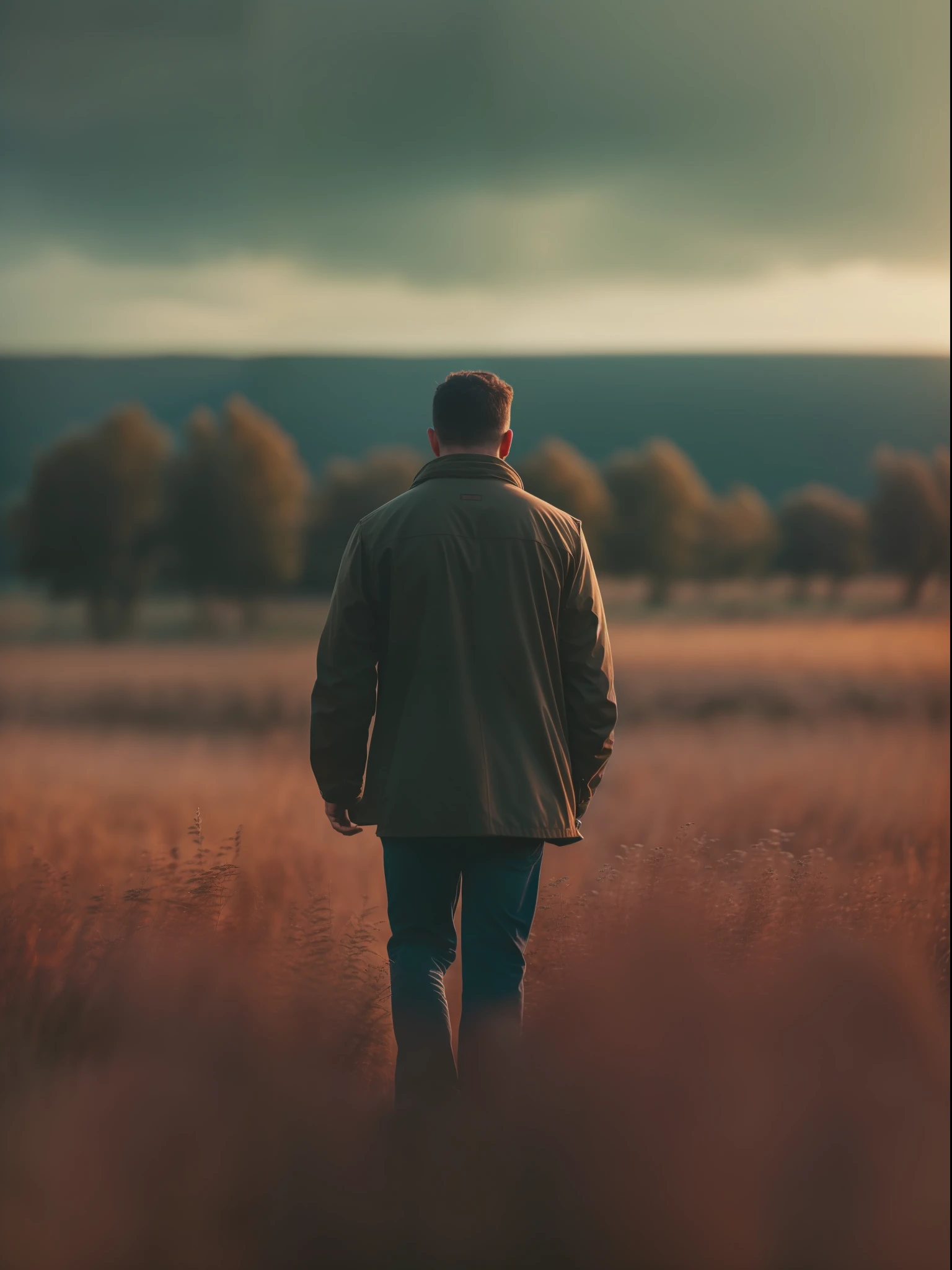 A man walks in a field，He looked into the distance, Realistic, Ultra photo realsisim, Hyper-cinematic, ultra photo