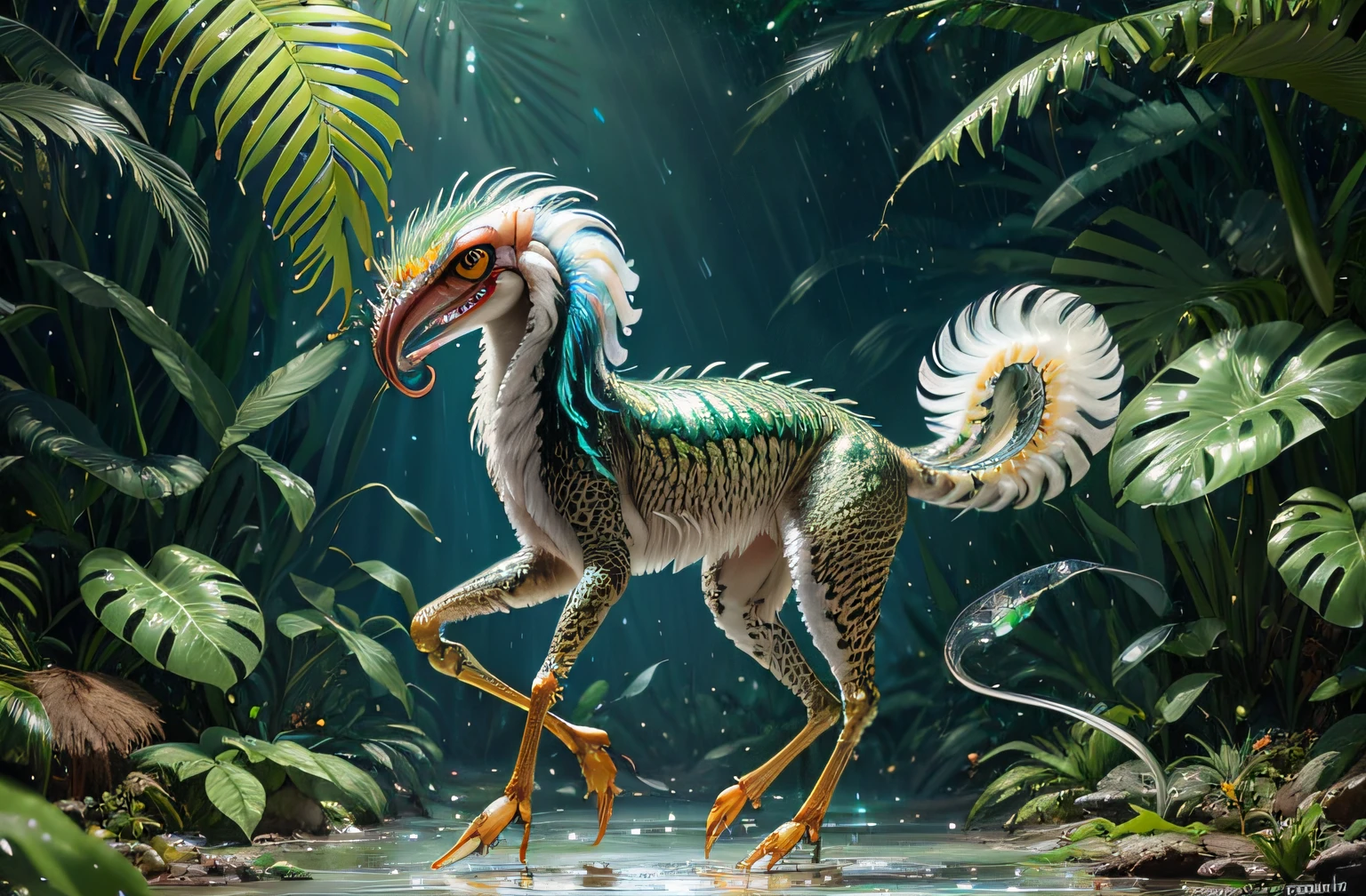 four-legged fast mandrill creature, like a greyhound, predator creature with (long monkey tail), slim like cheetah with green feathers and beak. predator creature like gepard with feathers ((four legs)) slender, long body with feathers, green gepard body with feathers, long legs creature with transparent and lighting body, walking on all six legs, (((cuttlefish head))), ((four eyes)),jellyfish transparent body, 4 leghs, in the jungle, jungle, rain forest, high image quality, realistic look, high-resolution photography, 8K, full-frame matrix, deep shadows, ((one character)), (intricate details, subsurface scattering, hyperdetailed:1.15), (hyperrealism, volumetric lighting, sharp:1.5) Fujifilm XT3