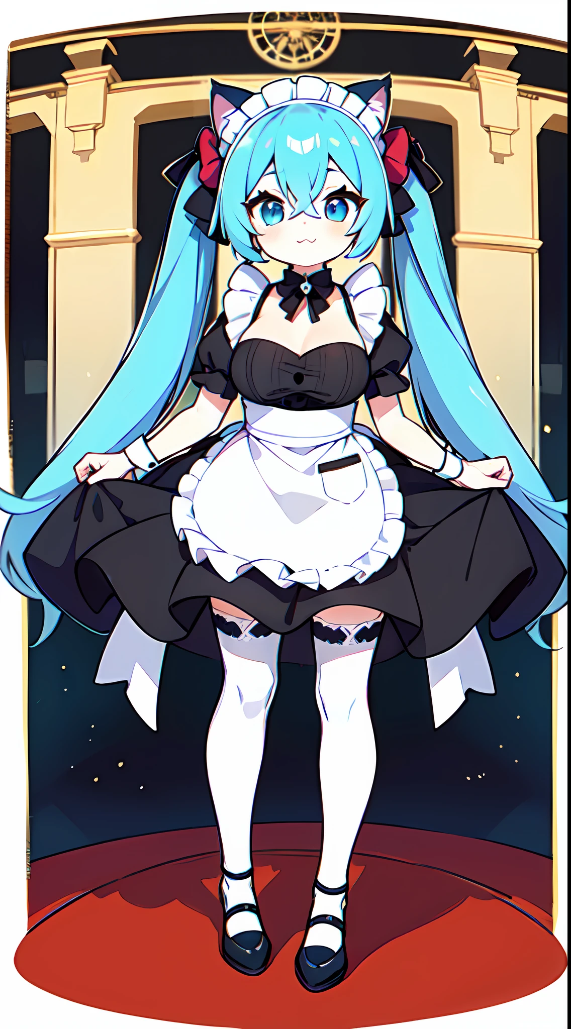 cat ears, loli, child ,1gir ,hair between eyes ,cute ,((masterpiece:1.2, best quality)),solo ,thighs ,((huge breasts)) ,poses ,blue hair ,blue eyes ,twintails ,full body ,white stockings ,white stockings ,white background,standing ,maid