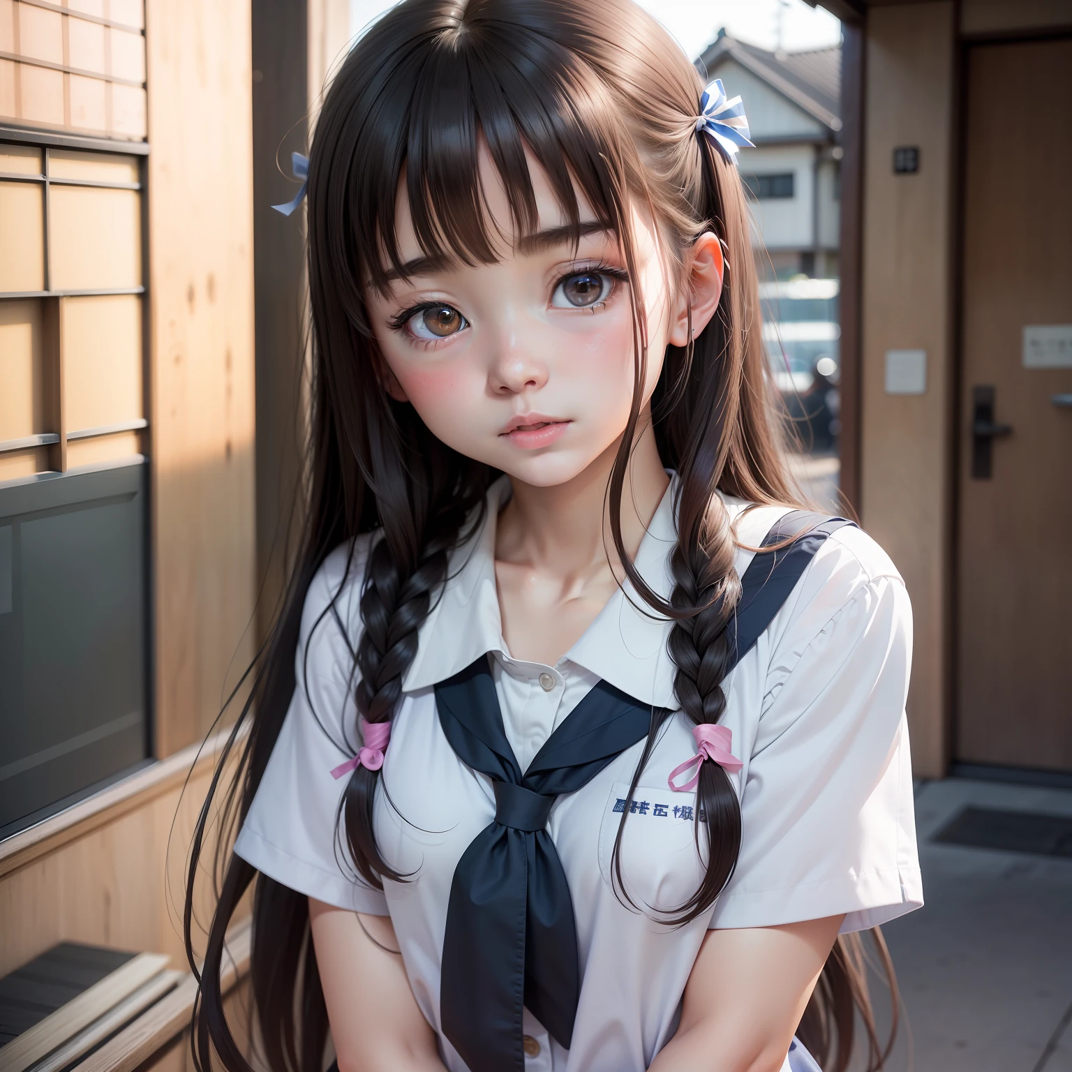 RAW Photography、8K、top-quality、 超A high resolution、Beautiful face in every detail、Realistic human skin、Gentle expression、length hair、realisitic、Photorealsitic、cute little、cute school girl、Japan schoolgirl wearing uniform、surreal high school girl、full bodyesbian、