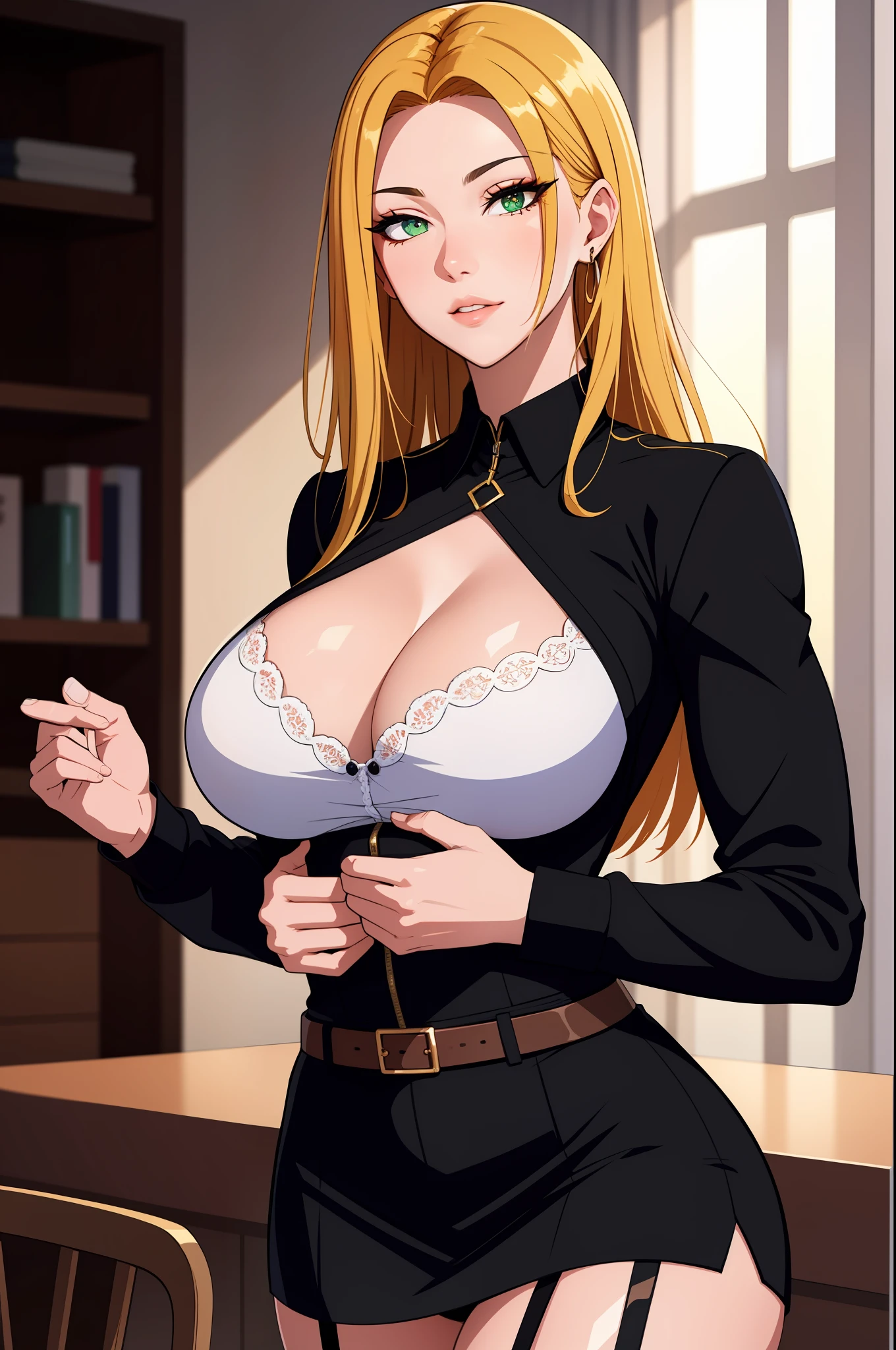 （tmasterpiece，A high resolution，best qualtiy：1.2），8K，highly  detailed，复杂，rich colourful，vibrant image，Clear focus，cinematic ligh） blond hairbl，long whitr hair，Green eyes，body builder （Wear black business attire，black_Collared shirt cropped jacket，tiese，tiese，Black frilled skirt，a garter belt，Leather belt） （Large, Perfect round breasts，Hourglass body，Big breasts Thin waist，Very thin waist， photograph realistic，（hyper realisitc：1）big breasts beautiful， tmasterpiece，Best quality at best，extremelydetailedface，s the perfect face，beauitful face，Perfect lighting，Detailed eye makeup，Details of the face，Nice detail eyes，pretty hand，perfect hand，glowing light eyes（realistic pupil，Realistic iris：1）Heavy eye makeup，（empty Casino）（Posing dynamically）pantiess