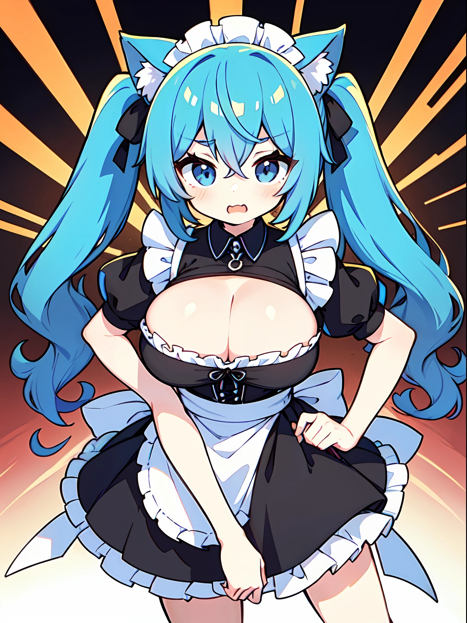 cat ears, li, ch1gir ,hair between eyes ,cute ,((masterpiece:1.2, best quality)),solo ,thighs ,((huge breasts)) ,poses ,blue hair ,blue eyes ,twintails ,white background,maid ,thighs