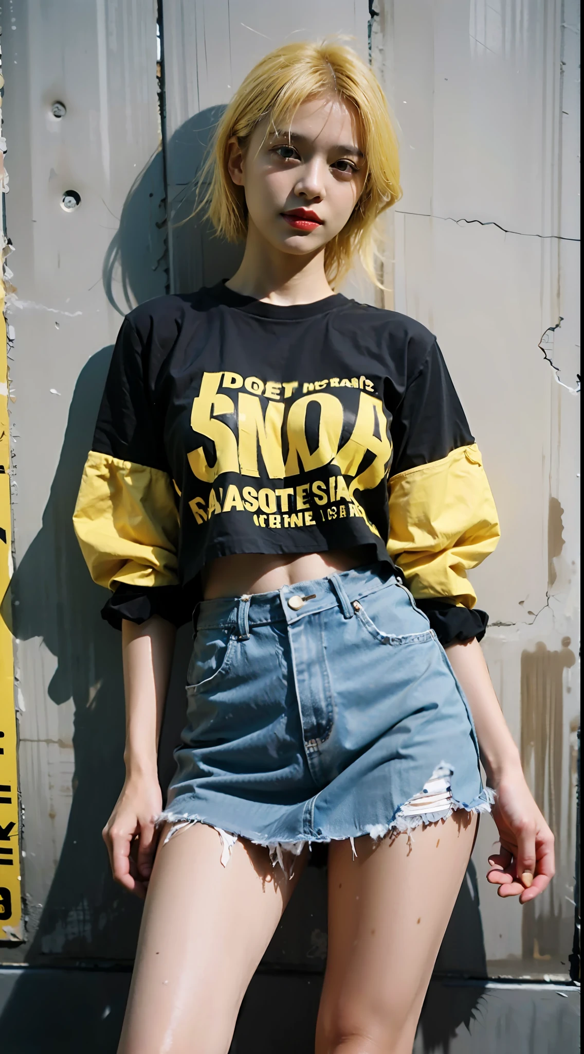 She has long light yellow hair,Wasteland punk style,Wear a yellow and white striped T-shirt,Lace skirt,Long legs,Black-gray tones,Shabby poster wall with background,tmasterpiece,Need,photorealestic,k hd,photography lighting,16k