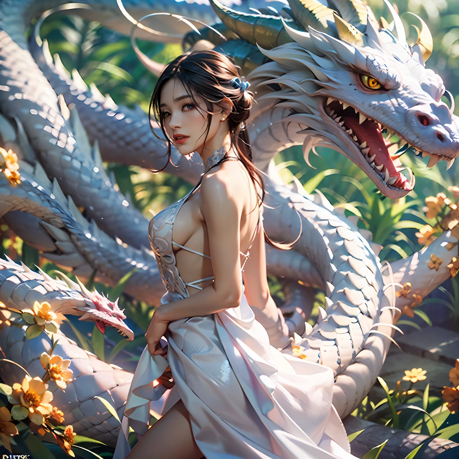 dragon_real,(extremely detailed CG unity 8k wallpaper,masterpiece, best quality, ultra-detailed, beautiful detailed eyes:1.2),best illumination, (best shadow, an extremely delicate and beautiful, bloom),the girl was surrounded by dragons, (1girl:1.4),breasts, solo,full body,Back tattoo,white dress,(color dragon:1.4),Bare leg,long dress,