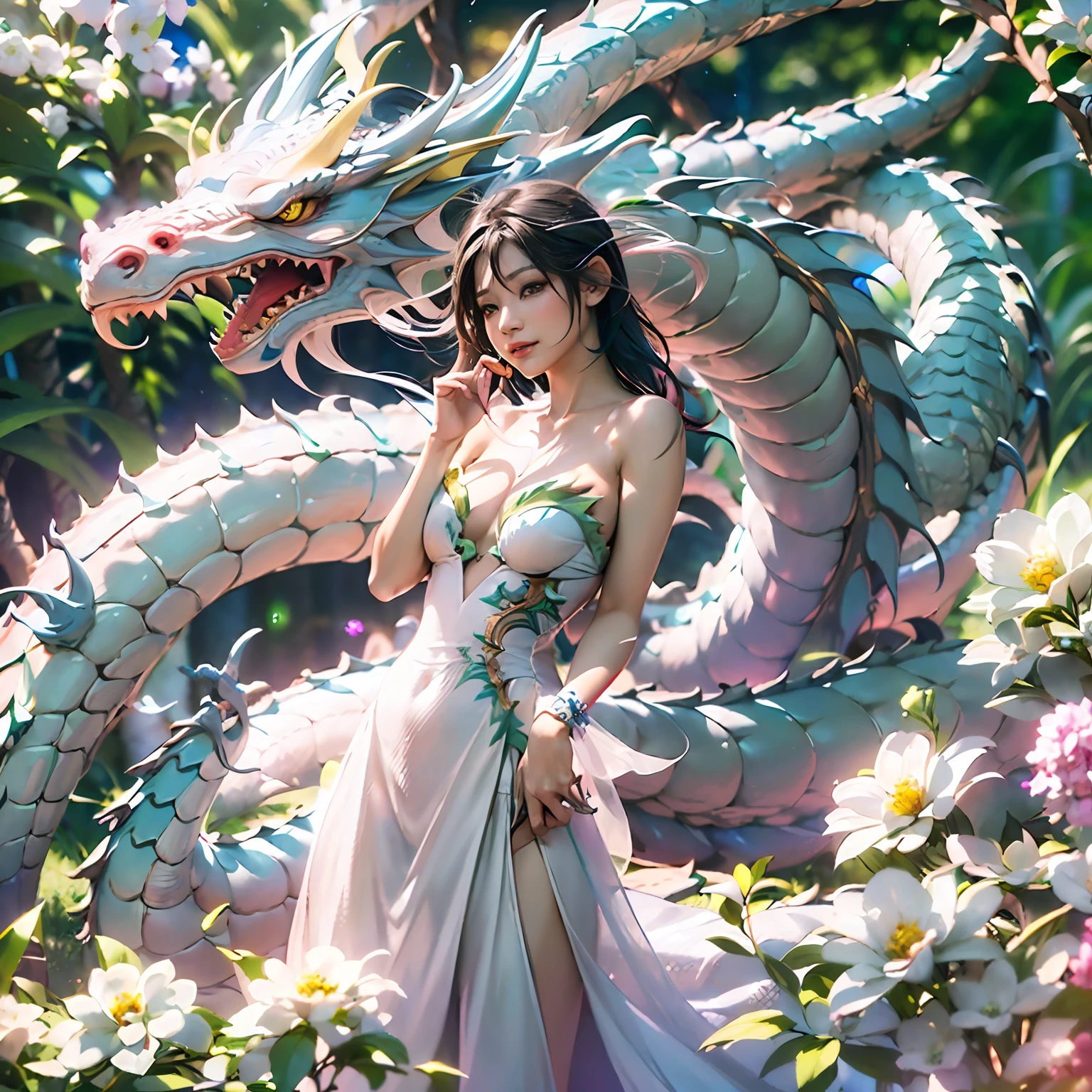 dragon_real,(extremely detailed CG unity 8k wallpaper,masterpiece, best quality, ultra-detailed, beautiful detailed eyes:1.2),best illumination, (best shadow, an extremely delicate and beautiful, bloom),the girl was surrounded by dragons, (1girl:1.4),breasts, solo,full body,Back tattoo,white dress,(color dragon:1.4), leg,long dress,