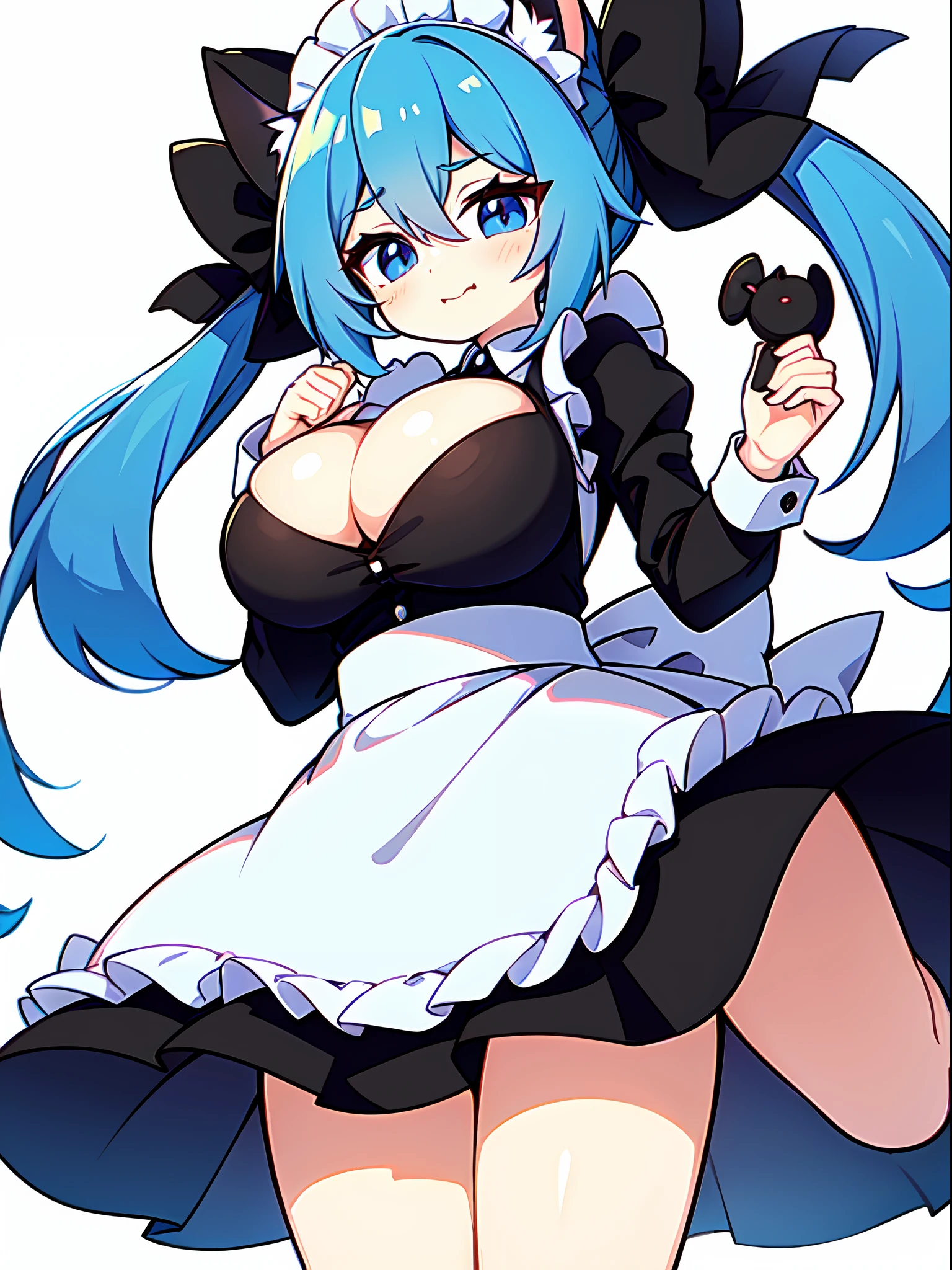 cat ears, li, ch1gir ,hair between eyes ,cute ,((masterpiece:1.2, best quality)),solo ,thighs ,((huge breasts)) ,poses ,blue hair ,blue eyes ,twintails ,white background,maid ,thighs