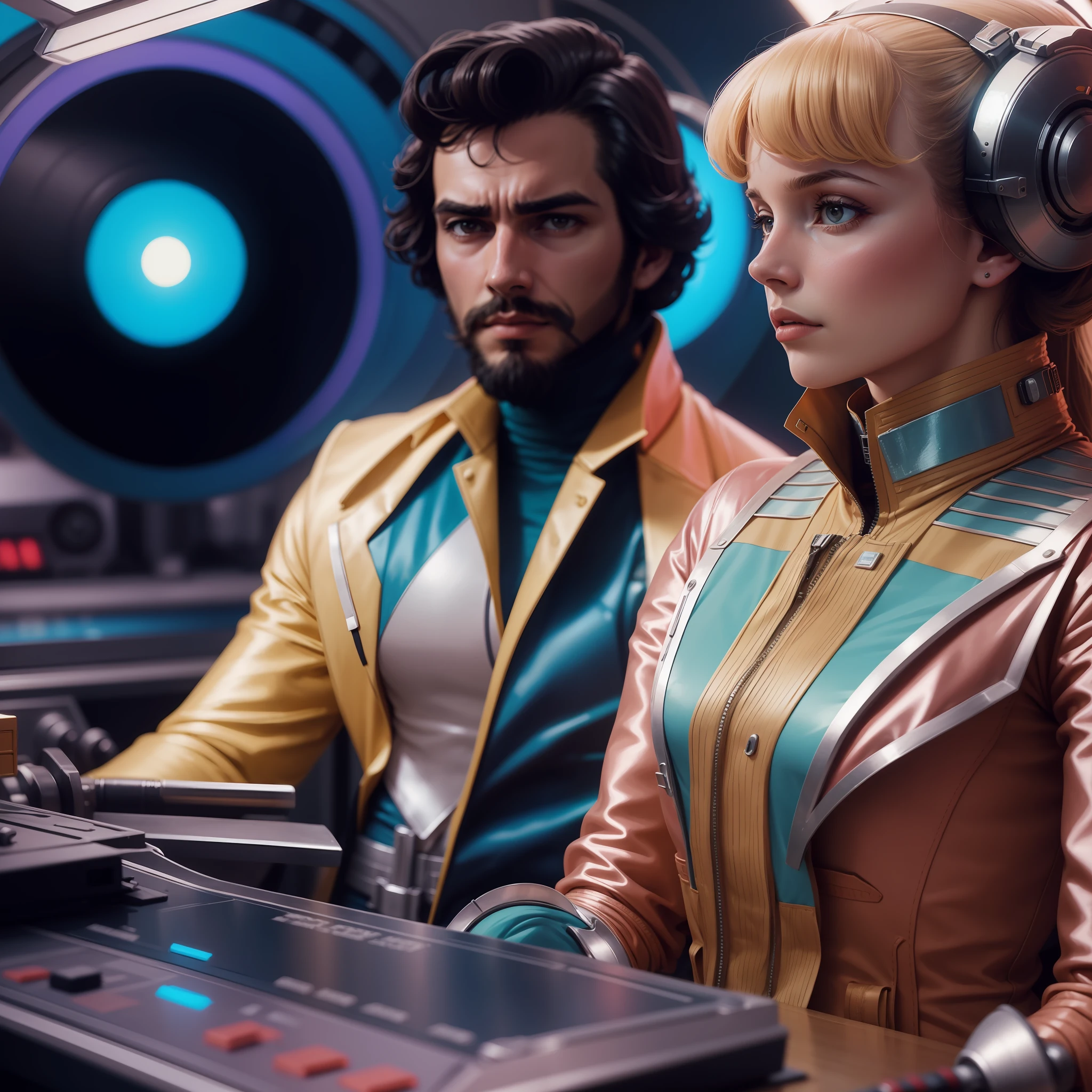 Picture from a Wes Anderson movie, 4k quality, 1970's sci-fi, retro-futuristic, couple wearing futuristic clothes at work, alien technology.