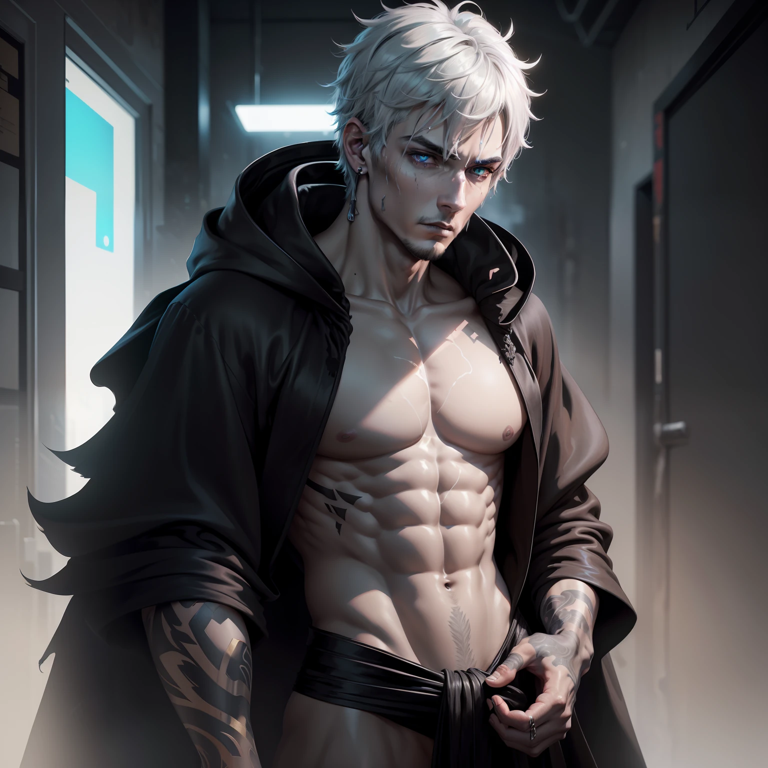 Cyberpunk male，fansty world，background inside dark，Clean design，Epic Instagram，artstation，Colorful paint splashes，contours，Hyper-detailed intricate details，unreal-engine，fanciful，Complicated details，splash image，complementary colours，fantasy concept art，8K分辨率，A masterpiece of deviantart，oil painted，Heavy strokes，paint drips，（Isolate on a white background：1.3），Rainbow skins，(((A handsome young))), ((age:1.5)), (glow blue eyes), ((Eyes have light))，((((Short gray hair:1.1))), ((black-clad)), (prinz\\(Indifferent expression\\),, (((Wearing a luxurious black robe with high details))), A head of white hair，(chest muscle) ，Bare --v 6