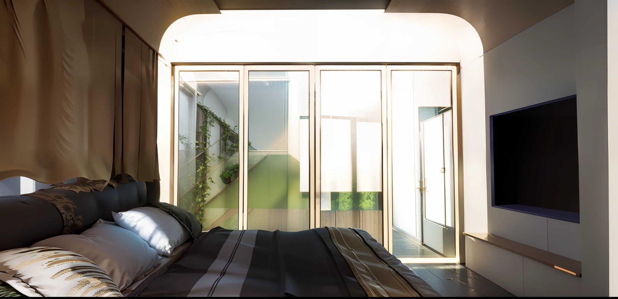 modern style, realistic, super detailed, surreal photo, high image quality, bedroom, dark wooden bed, wooden headboard, slit ceiling light, plaster ceiling, hanging bedside lamp, sheet fabric bed, velvet pillow, outside the corridor there is a small garden, a large bright window, a changing room on the left, warm light, outside the glass door is a corridor with a small garden and a wooden window. big glasses, big sun,Highest quality photos, big window on right hand side