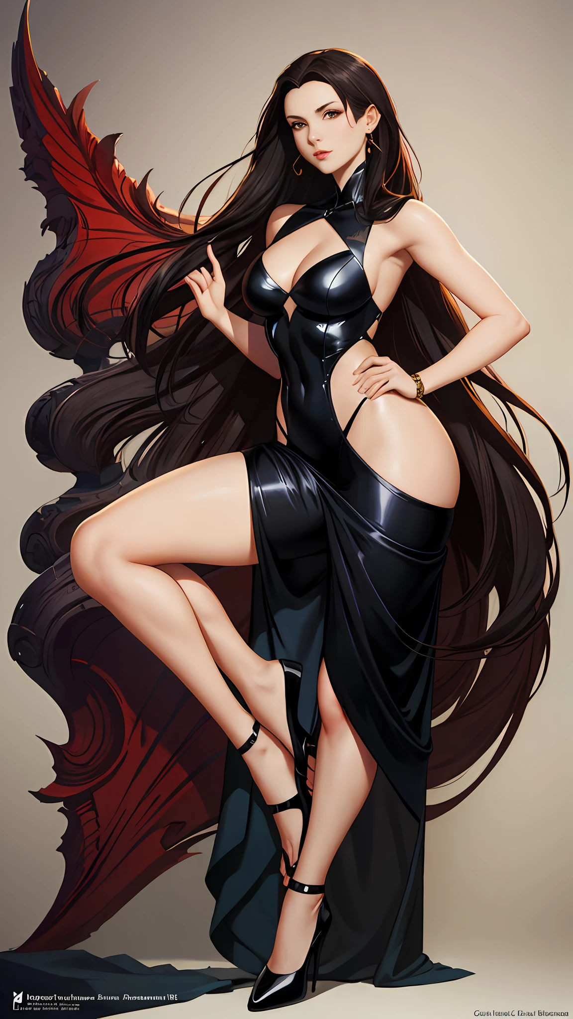 A great masterpiece of a super anime master,there is a woman in a black dress posing for a picture, Full body posture,Full body like,hajime sorayama designed girl, Jeffrey Catherine Jones pose, Charlie Bowater style, style of raymond swanland, Inspired by Jeffrey Catherine Jones, style ivan talavera and artgerm, Artgerm Greg Rutkowski _ greg, charlie bowater character art, Raphael Albuquerque Comic Art