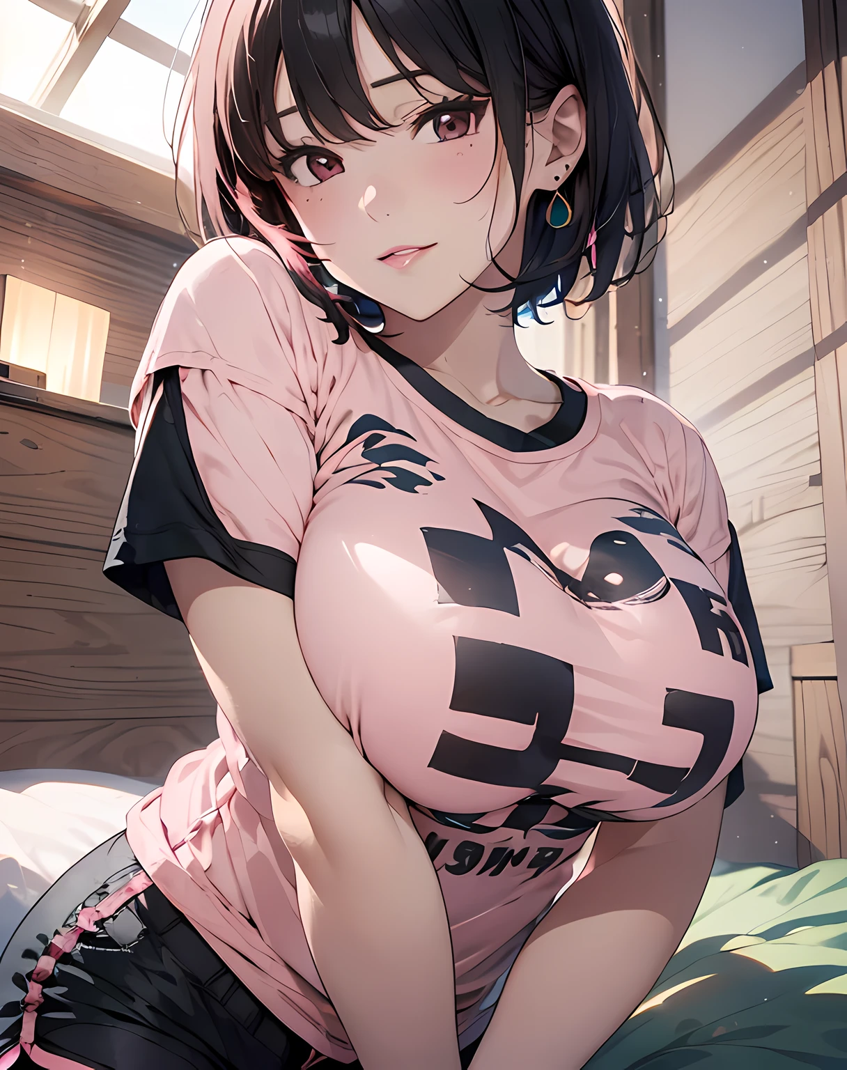 (((face close-up image:1.5, from below, POV, holding own breasts:1.3, grabbing own breast:1.3, leaning forward:1.5))), (masterpiece, best quality:1.37), highres, ultra-detailed, ultra-sharp, BREAK, Korean school idol, (((1girl:1.37, solo))), (beautiful anime face, cute face, detailed face), (black hair:1.3, thin hair:1.3, (((extremely short hair:1.3))), bob-cut hair style:1.3), detailed beautiful cyan eyes, BREAK, ((detailed pink tight T-shirt:1.5, shorts:1.5)), BREAK, lovely look, earing, detailed clothes), huge-breast:1.37, light smile, closed mouth, parted lips, pink lipstick, BREAK, ((looking straight at you, cowboy shot)), detailed human hands, HDTV:1.2, ((detailed night bedroom venue background:1.3, on bed)), 8 life size, slender:1.15, anime style, anime style school girl, perfect anatomy, perfect proportion, inspiration from Kyoto animation and A-1 picture, late evening, excellent lighting, bright colors, clean lines, photorealistic