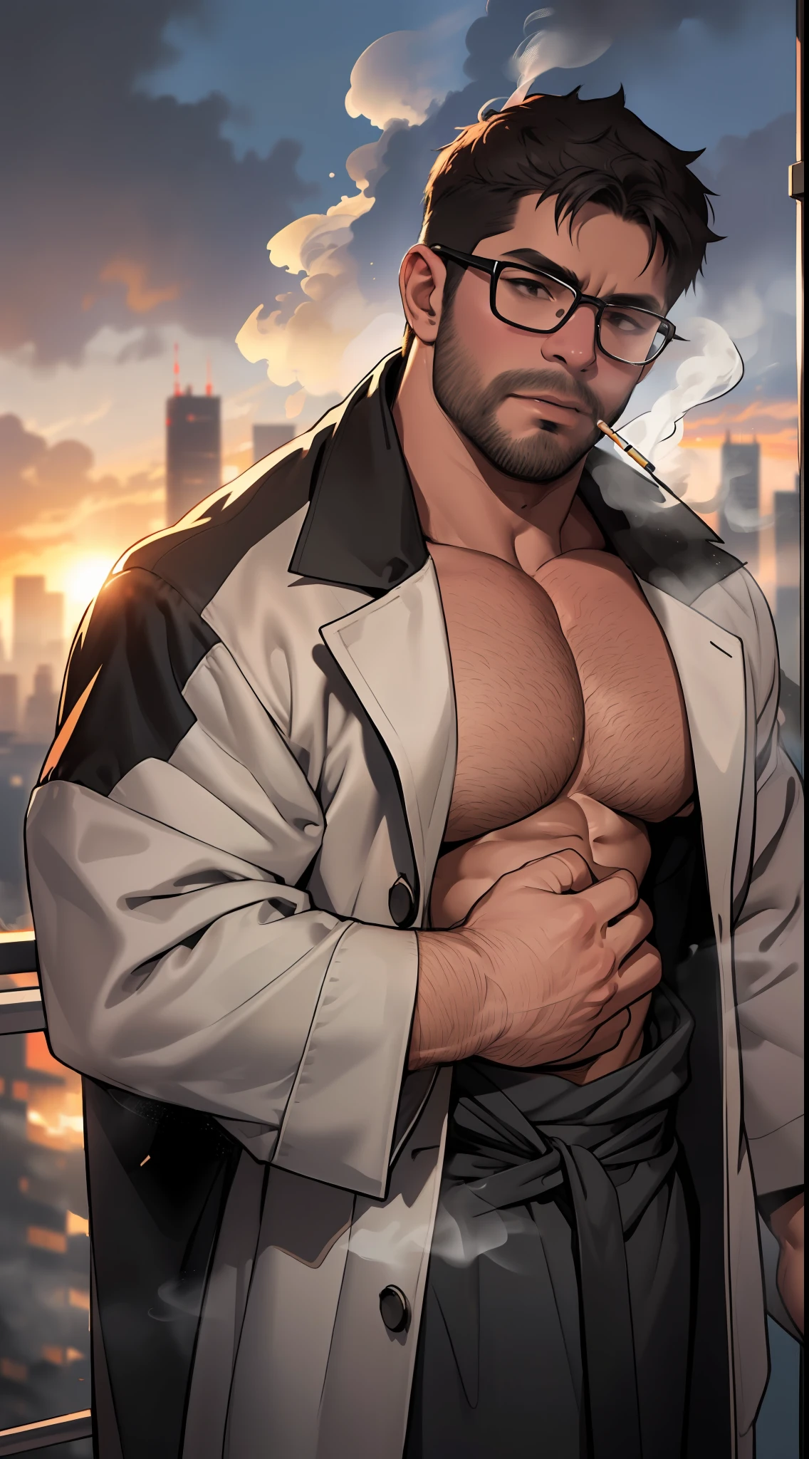 masterpiece, best quality, highres, upper body shot, ((wide angle)) male focus, solo focus, middle-aged man, daddy, beefy, burly, hairy, manly, really tall, wearing a smooth silk black robe loosely, open chest, wearing glasses, standing on a high rise balcony, holding a cigarette, blowing smoke out of the mouth, lots of smoke, looking into the distance, looking up to the sky, (sunrise), early morning, foggy morning day, incredible composition, HDR, volumetric lighting