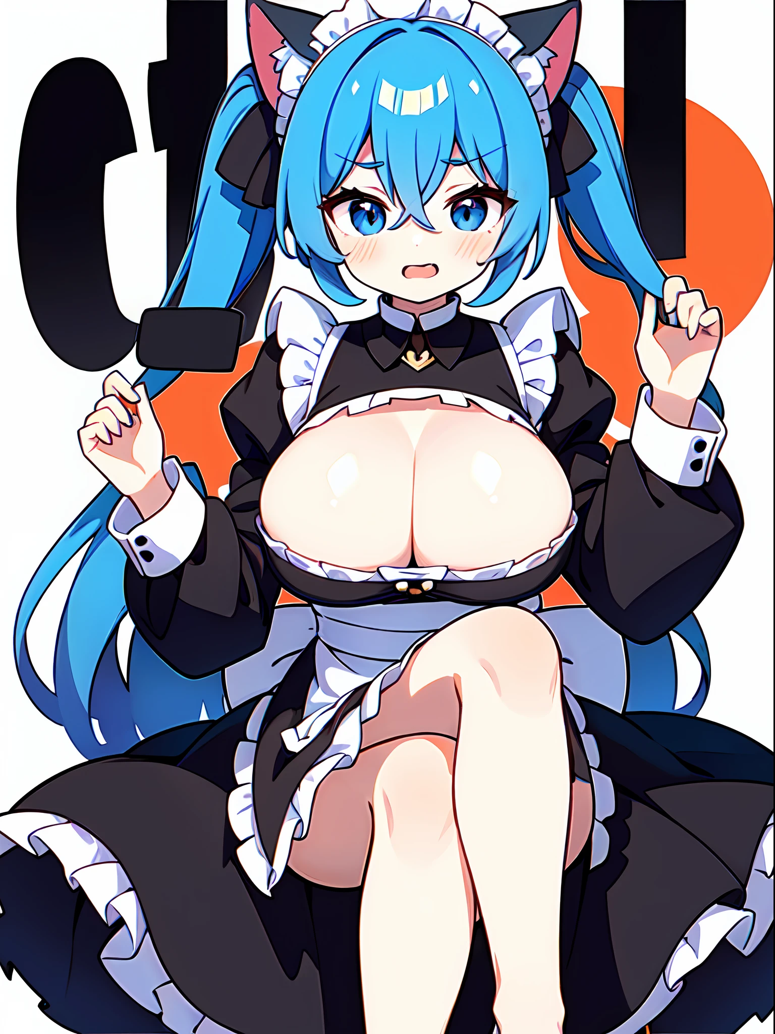 cat ears, li, ch1gir ,hair between eyes ,cute ,((masterpiece:1.2, best quality)),solo ,thighs ,((huge breasts)) ,poses ,blue hair ,blue eyes ,twintails ,white background,maid ,thighs