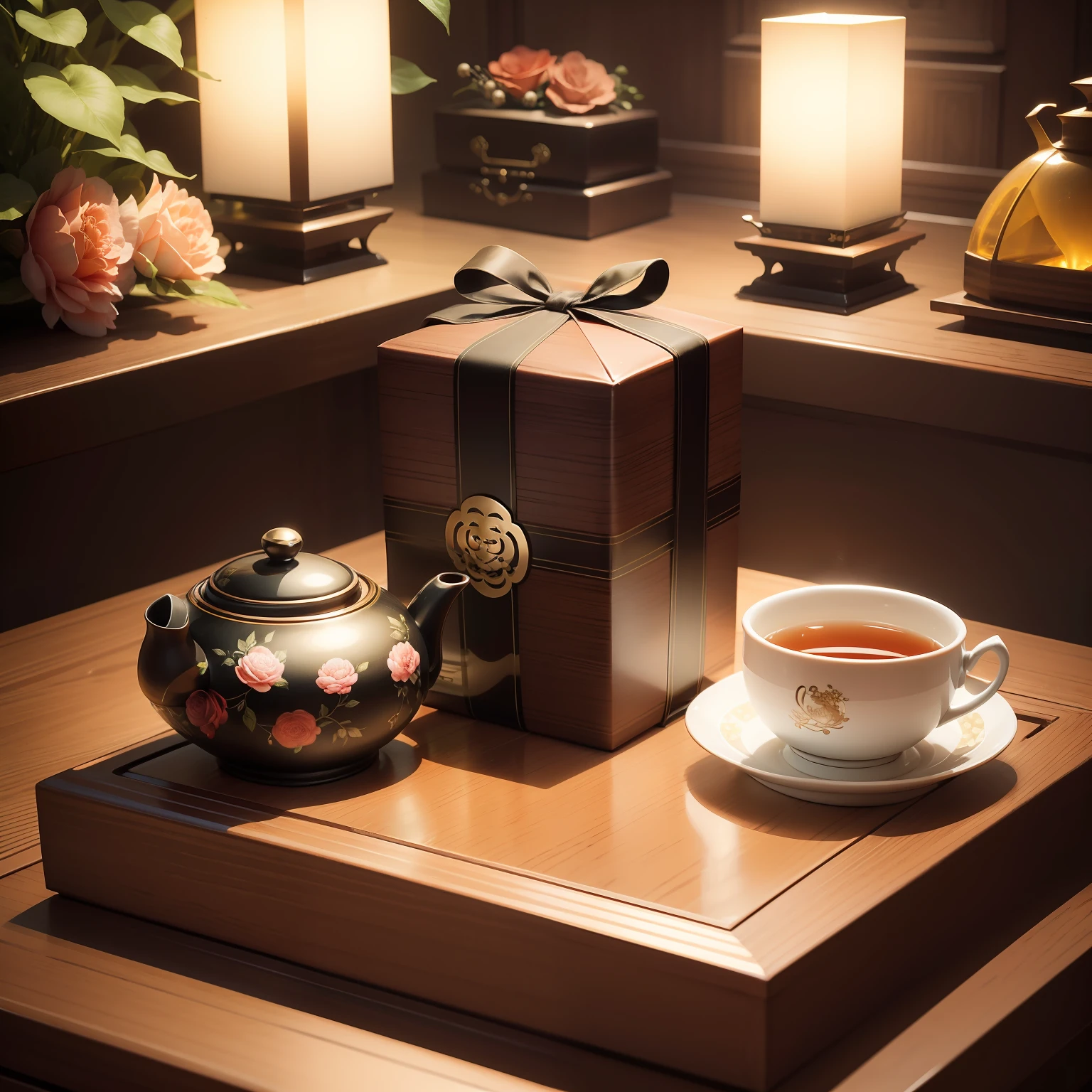 Tea wrapping gift box,Show tea leaves,Tea set floral decoration,High-end atmosphere on grade,Cute little monkey,Fashionable international big brand luxury feeling,Chinese retro style。