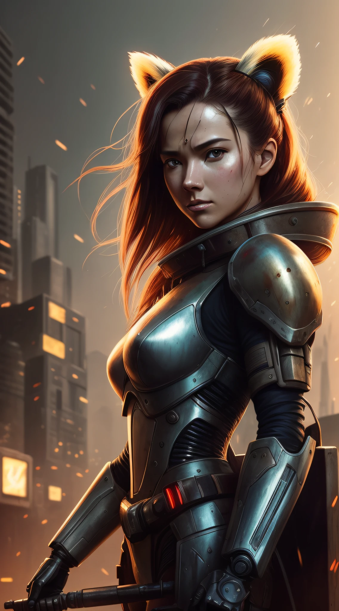aesthetic wallpaper. realistic photo of red panda hybrid, armored robot with hydraulic biomechanical exoskeleton)), Victo Nagai, Agnes Cecile, (detailed face), sunset, mud, post-apocalyptic, long hair, cyberpunk, (photography style), nsfw, cinematic, 64k, epic movie Steven Spielberg frame, sharp focus, emitting diodes, smoke, electrical discharges, sparks, by pascal blanche rutkowski repin artstation hyperrealism painting concept art detailed character design matte painting, 64k resolution blade runner