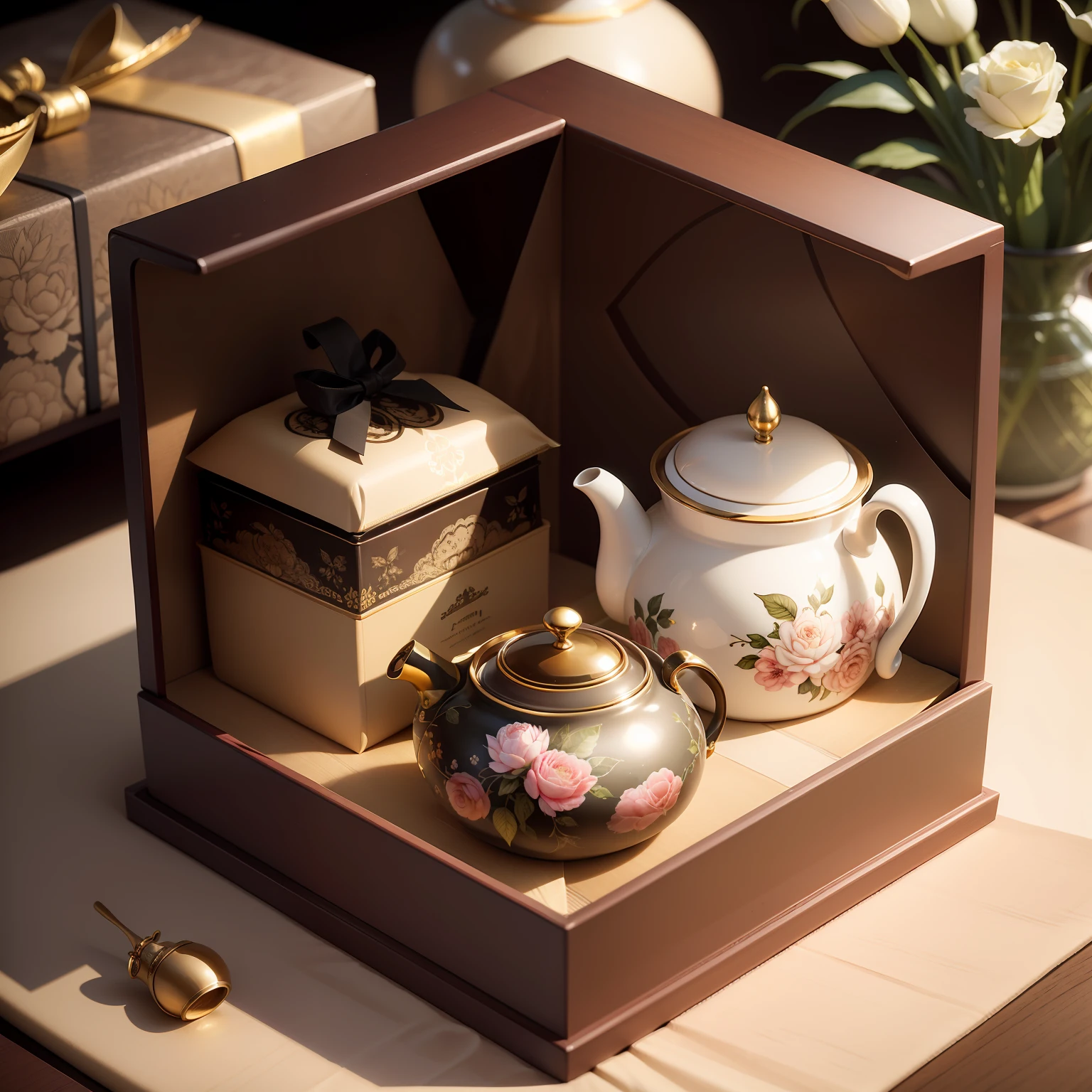 Tea wrapping gift box，Show tea leaves,Tea set floral decoration,High-end atmosphere on grade,Cute little monkey,Fashionable international big brand luxury feeling,Chinese retro style。