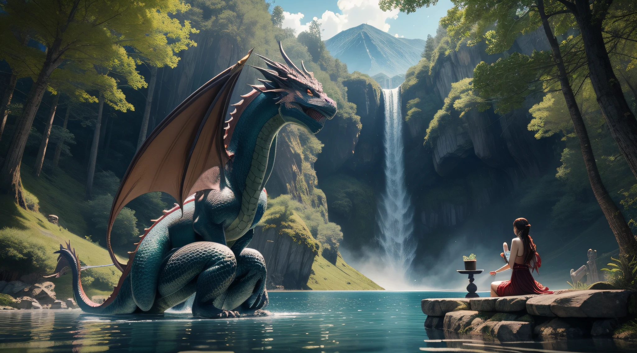 Ultra-realistic CG images、Dragon with the highest quality details、Mysterious Dragon、A dragon emerges from the lakeside、Woman bathing by the lake