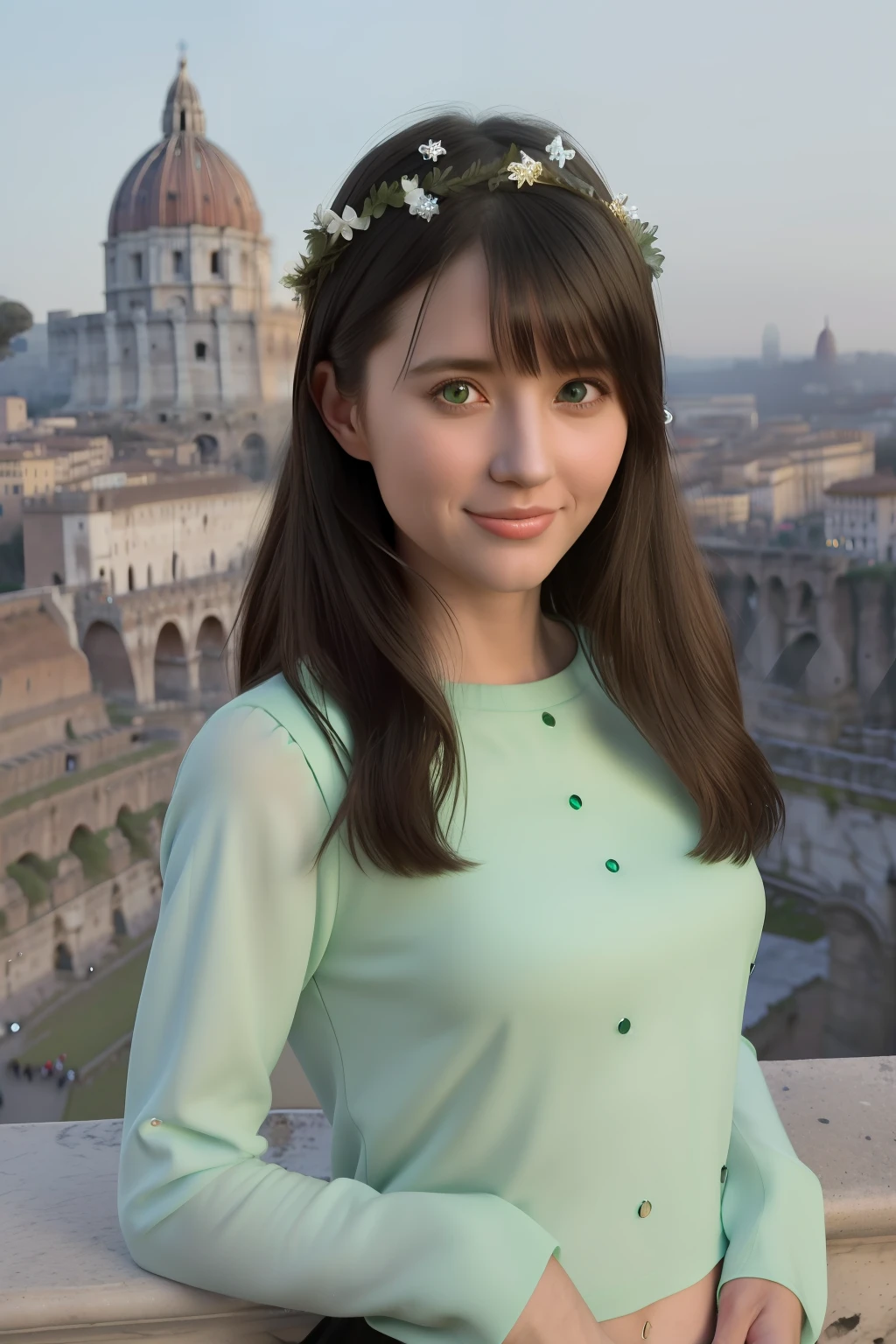 (Masterpiece),(Best quality),(Ultra-detailed), (full bodyesbian:1.2),
2girls,duo,Castel Sant'Angelo in Rome,navel,winter,Snow,crowd,Cute, Smile, Open mouth, green headwear, Blurry,  Long sleeves, bangs, Black hair,
(Beautiful detailed face), (Beautiful detailed eyes),