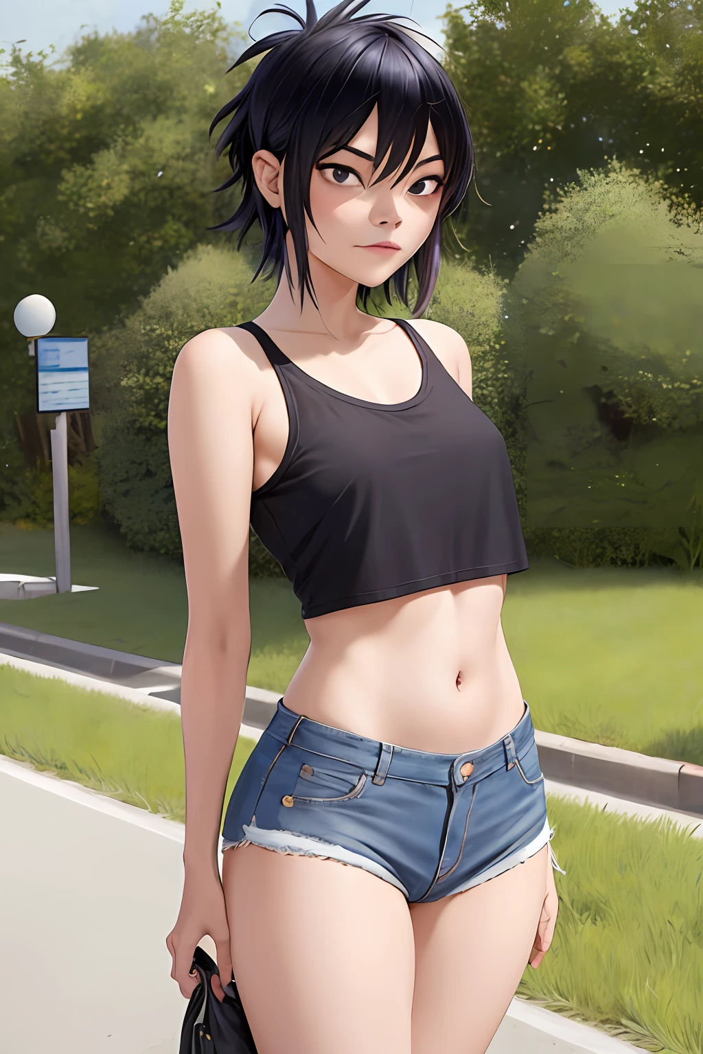 (masterpiece, best quality:1.2),  noodle (gorillaz), black hair, short hair, streaked hair, black eyes, multicolored hair, looking at viewer, bangs, heavy bangs, bangs covering eyes , parted lips, breasts, small breasts, bob cut, sparkle, glint, blush, 1girl,detailed clothes, detailed nipples, two toned striped sweatshirt, denim mini shorts, boots, thin Japanese girl, beautiful, (masterpiece:1.2), (best quality:1.2), perfect eyes, perfect face, perfect lighting, 1girl, ass, back, backboob, crop top, cutoffs, denim, denim shorts, facing away, from behind, highleg, highleg panties, micro shorts, panties, short shorts, shorts, sideboob, simple background, solo, tank top, thighs, thong, underboob, underwear, field, grass, walkway, small ass, wide hips, arms at side, 18 year old, up close, pretty, blushing, innocent