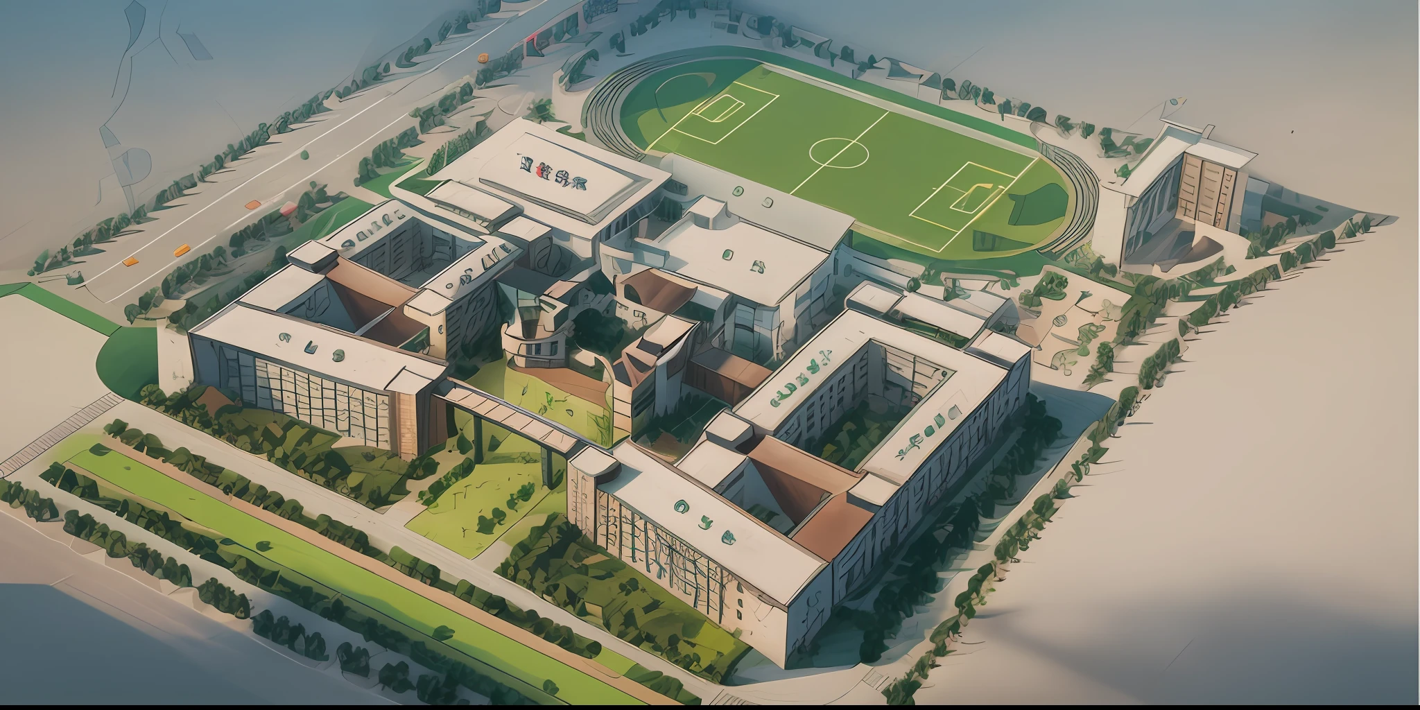 Aerial view with basketball and football fields,The architectural details are very detailed,school courtyard,Inspired by Zou Yigui,High school,Student's daily life,Japanese high school campus atmosphere,down view,Nanquan eats Zhuoxin,ultra-detailliert,Top perspective,CG rendering screen,The is very detailed,2 d axonometric overhead view。