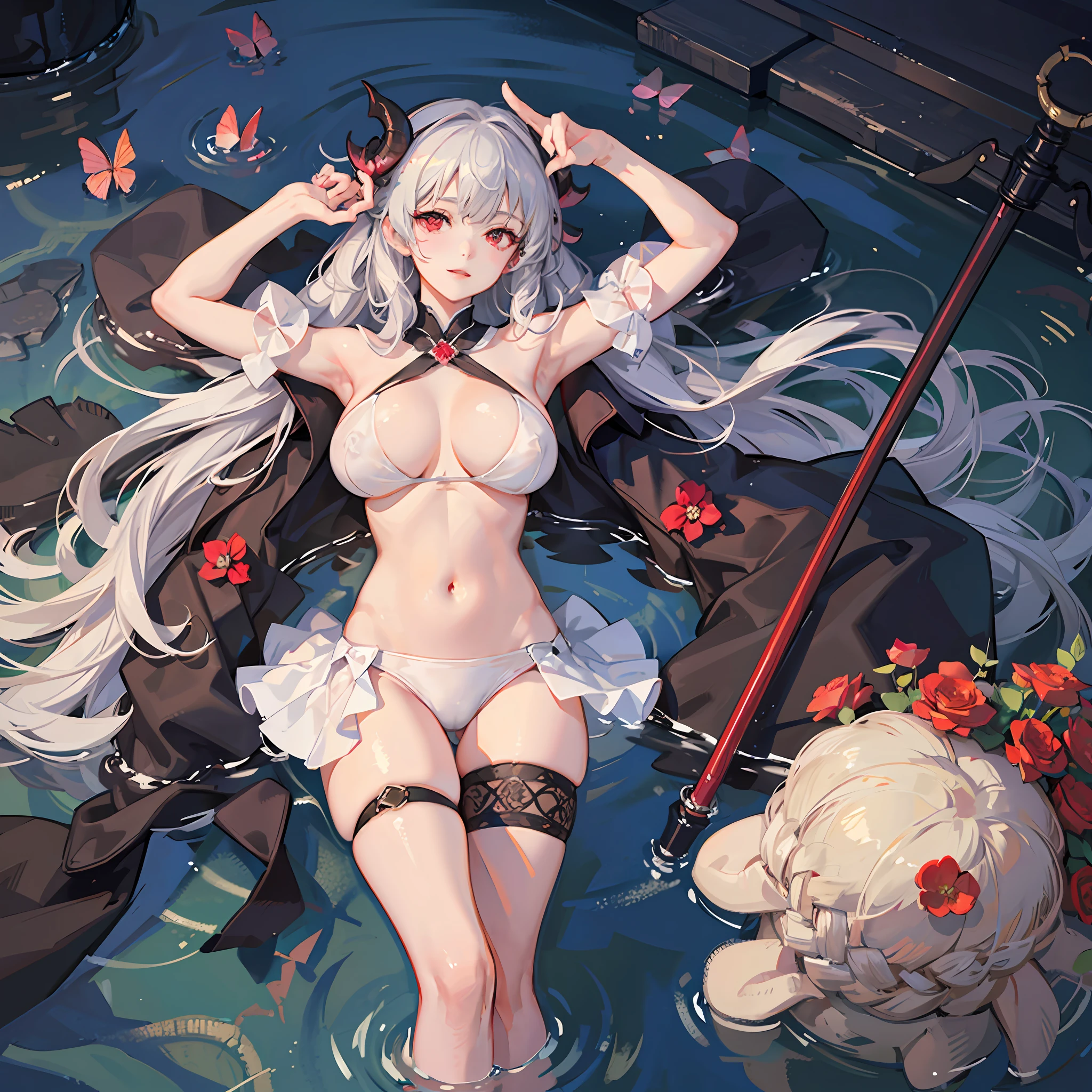 One girl, (Large: 1.4), Solo, Sheep horns, (((A high resolution)), ((Masterpiece)), ((Best quality)), (Very detailed)), (Very detailed)), Large_filesize, (Naked: 1.4), Full color, Sexy, Long white hair, Red eyes (eyes liner), Nipples, Lying on your back, lying down, immersed in water, komono, Red, open air, rosette, Night, 废墟, Butterflies