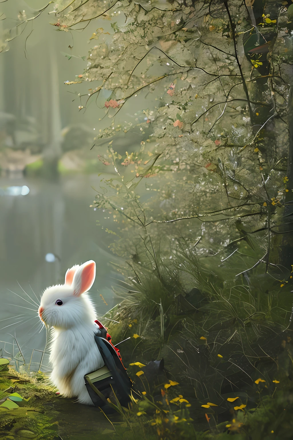 Classic negative portrait photo, fantasy video game character concept art, a cute white fluffy rabbit with a small brown leather backpack looking at a map hiking through the forest, dungeons and dragons, fantasy, river, haze, halo, Bloom, dramatic atmosphere, dark fantasy film of the 1970s, centered, rule of thirds